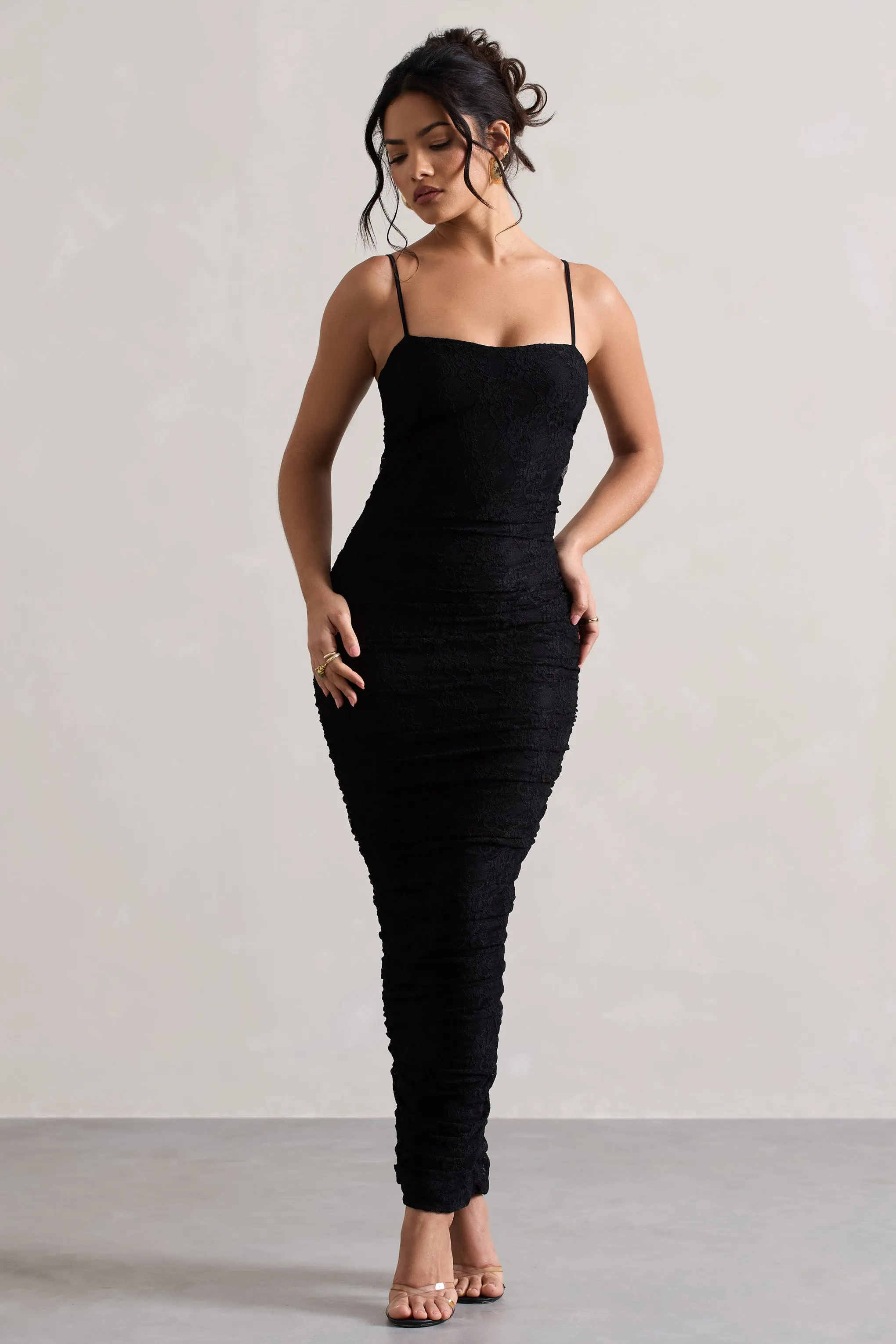 Ellis | Black Lace Strappy Bodycon Maxi Dress sold by Club L London