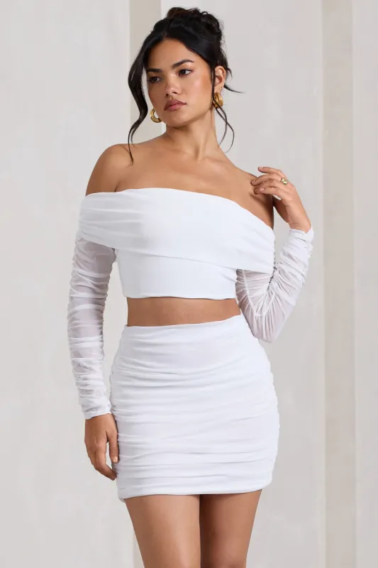 Rule Breaker | White Ruched Mesh Bardot Crop Top sold by Club L London