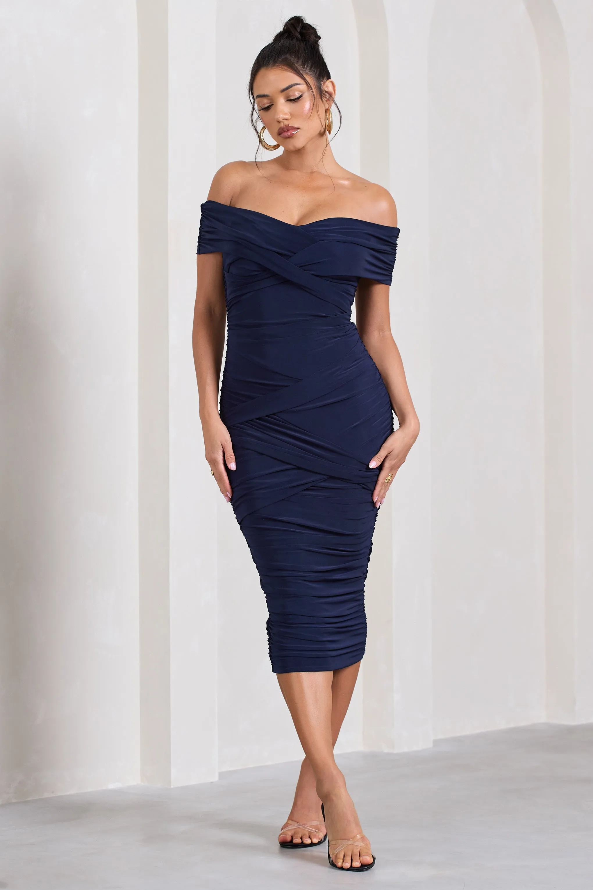 Amanda | Navy Twisted Wrap Bardot Midi Dress sold by Club L London