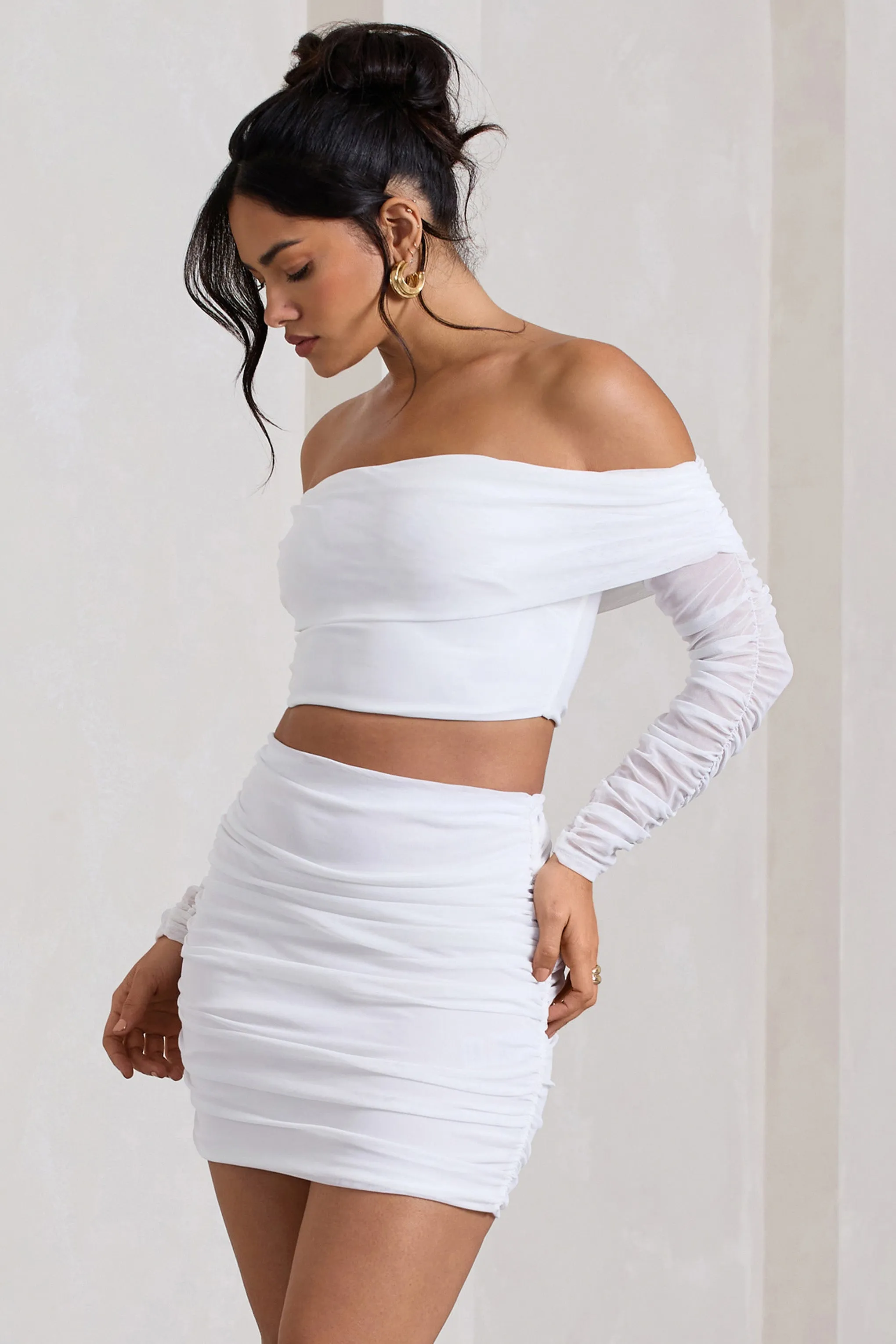 Rule Breaker | White Ruched Mesh Bardot Crop Top sold by Club L London product image thumbnail 5