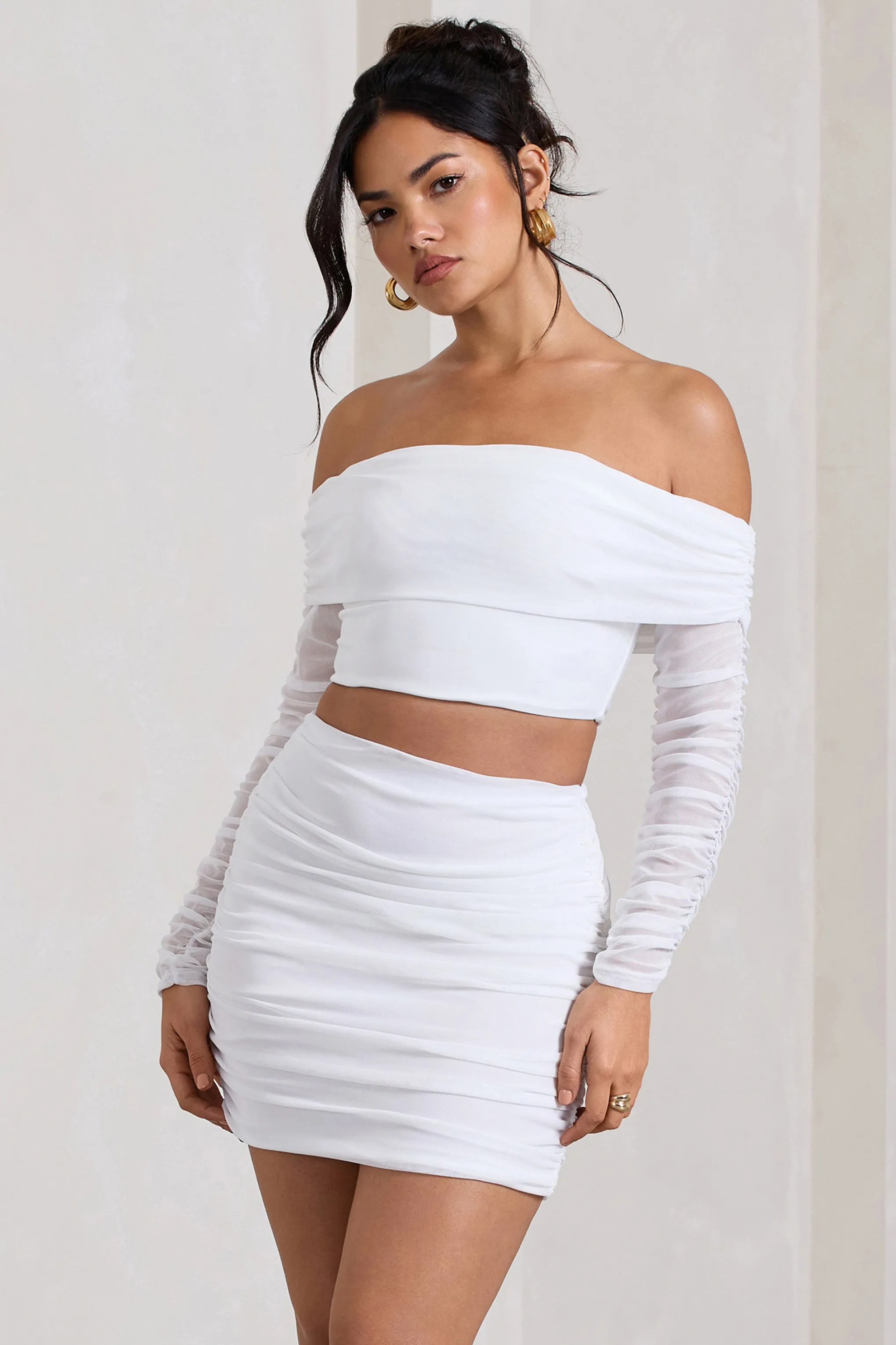 Rule Breaker | White Ruched Mesh Bardot Crop Top sold by Club L London product image thumbnail 4