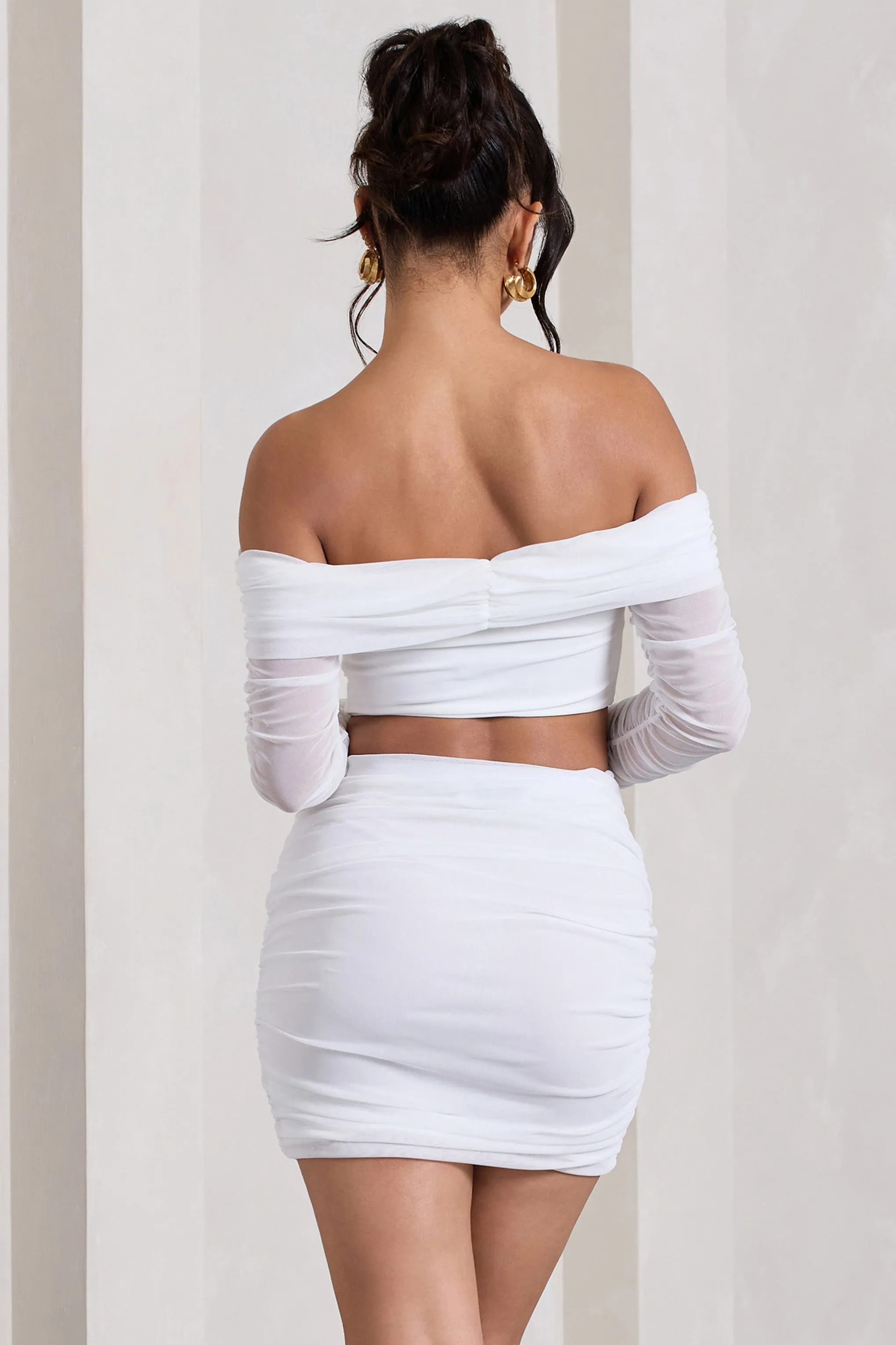 Rule Breaker | White Ruched Mesh Bardot Crop Top sold by Club L London product image thumbnail 2
