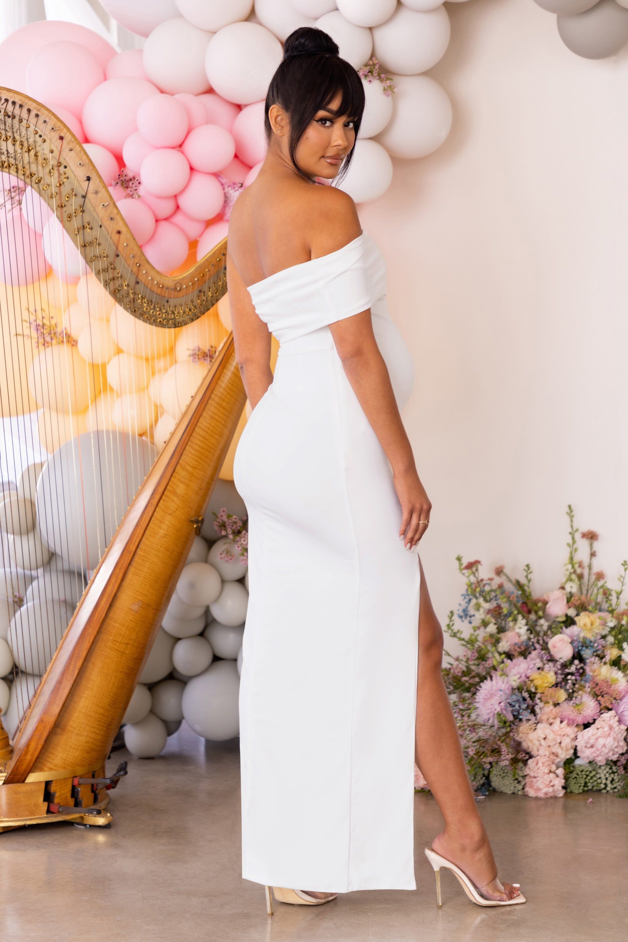 Graceful | White Maternity One Shoulder Split Hem Maxi Dress sold by Club L London product image thumbnail 2
