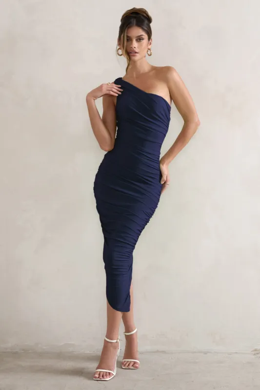 Dorit | Navy One Shoulder Asymmetric Ruched Midi Dress sold by Club L London