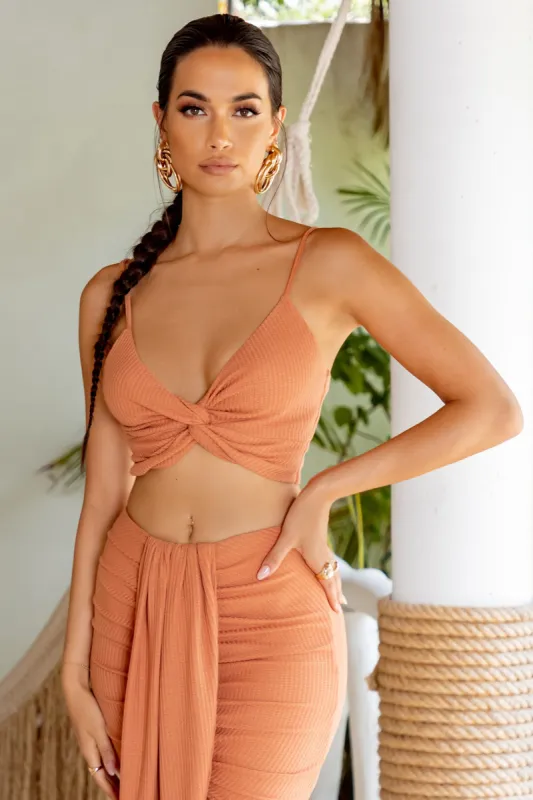 Far Away | Orange Plunge Twist Detail Cami Crop Top sold by Club L London