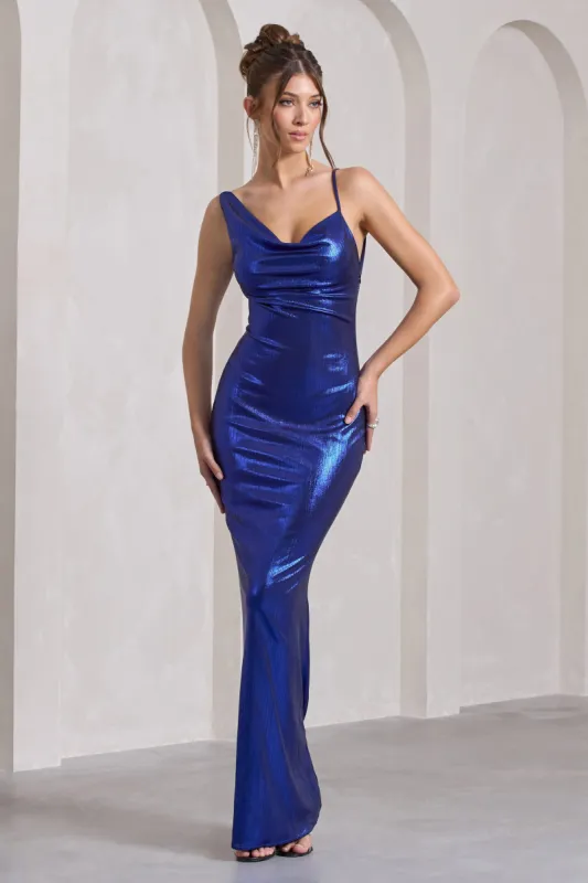 Galaxy Shimmer | Navy Bias Cut Cowl Front Maxi Dress sold by Club L London