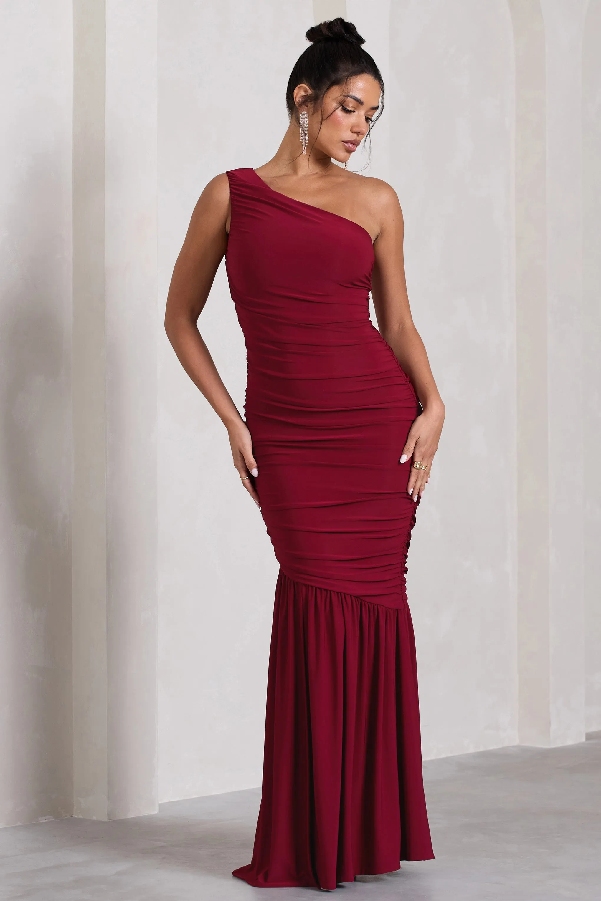 The Limelight | Berry One Shoulder Ruched Maxi Dress sold by Club L London
