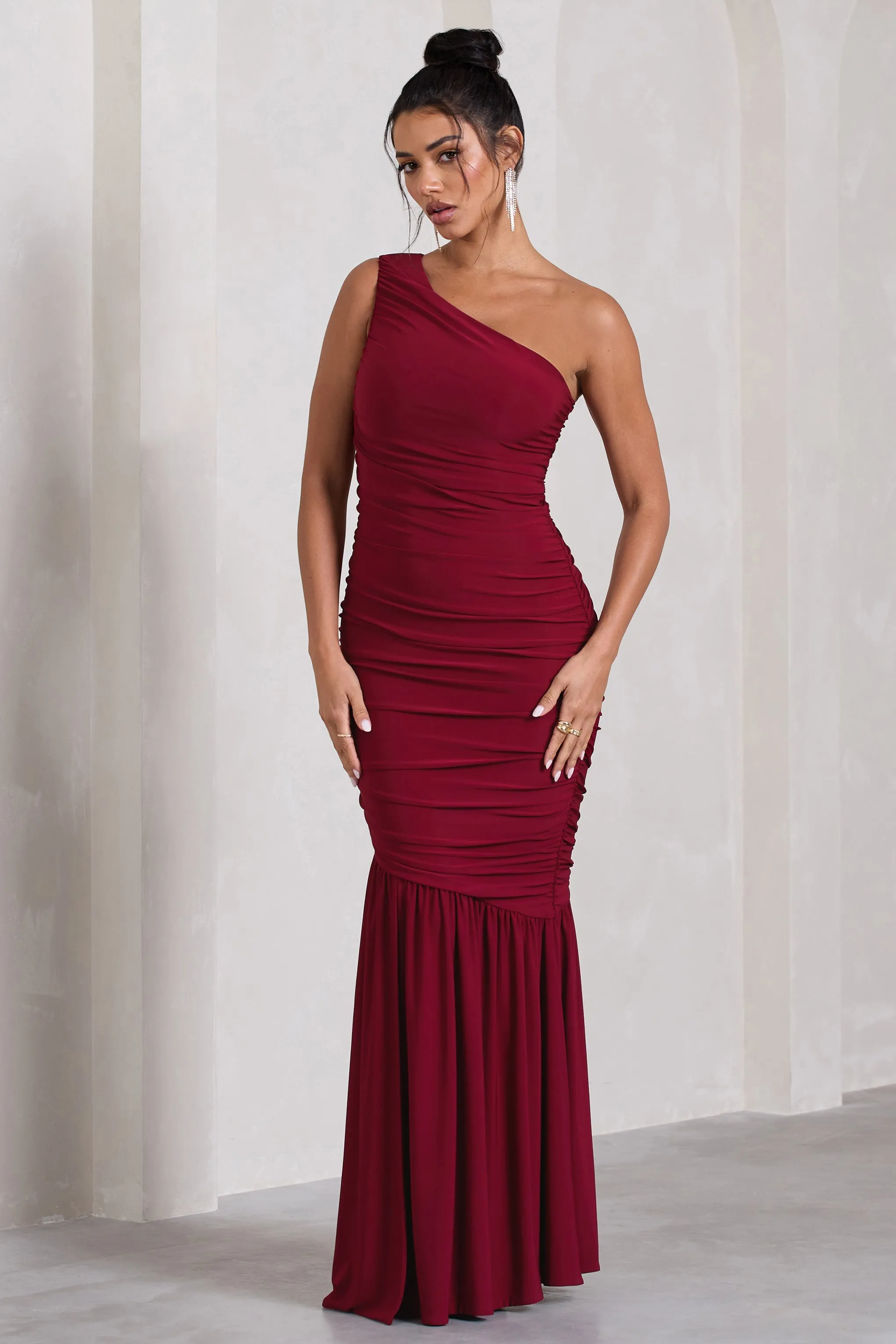 The Limelight | Berry One Shoulder Ruched Maxi Dress sold by Club L London product image thumbnail 4