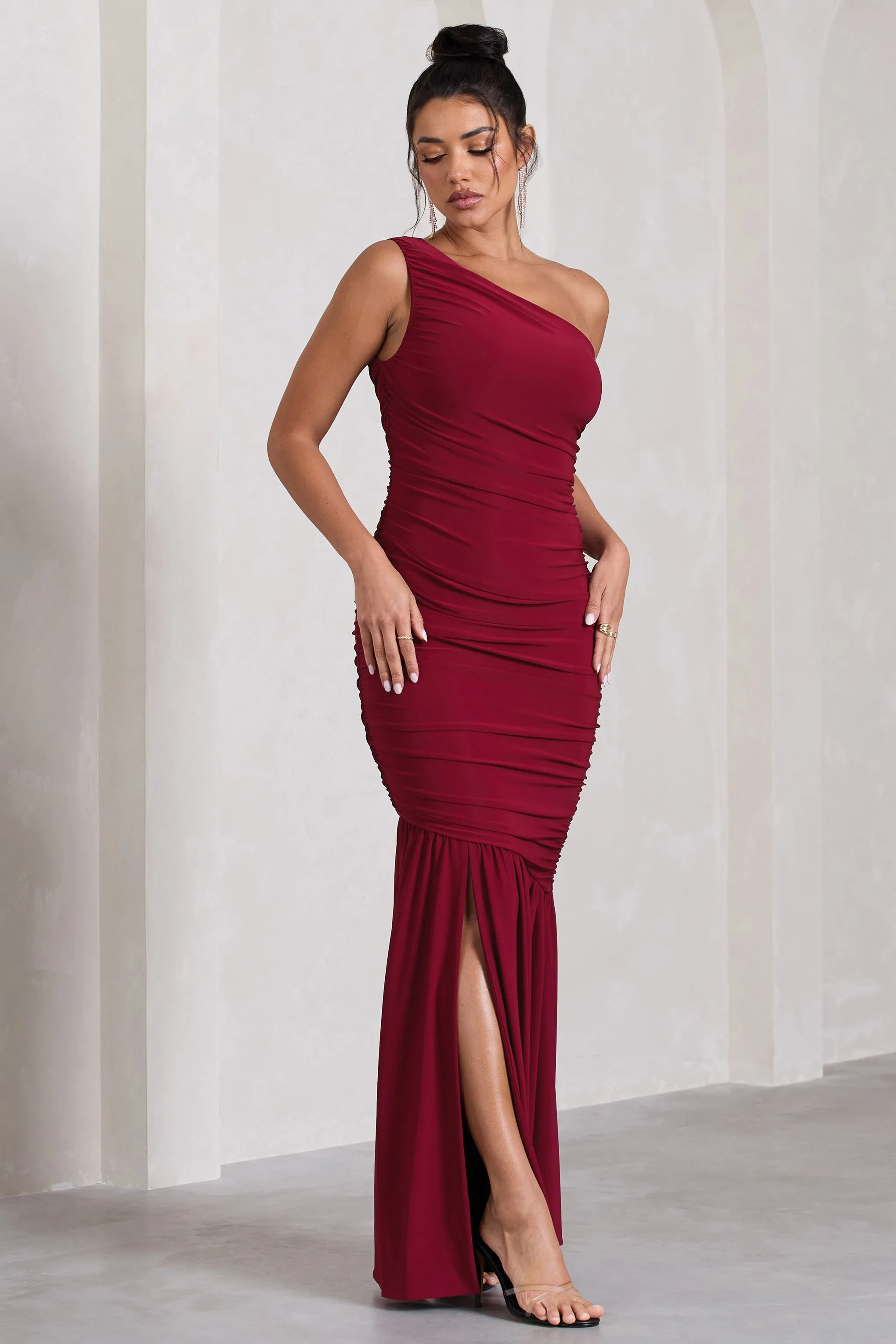 The Limelight | Berry One Shoulder Ruched Maxi Dress sold by Club L London product image thumbnail 5