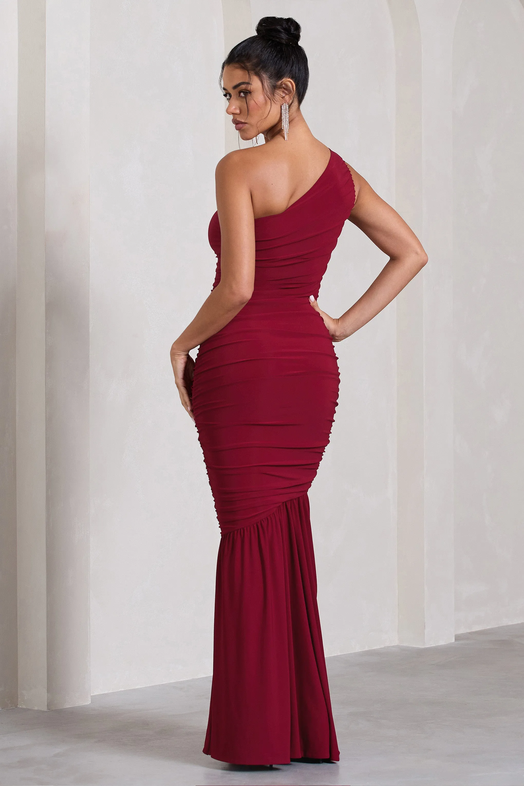 The Limelight | Berry One Shoulder Ruched Maxi Dress sold by Club L London product image thumbnail 2