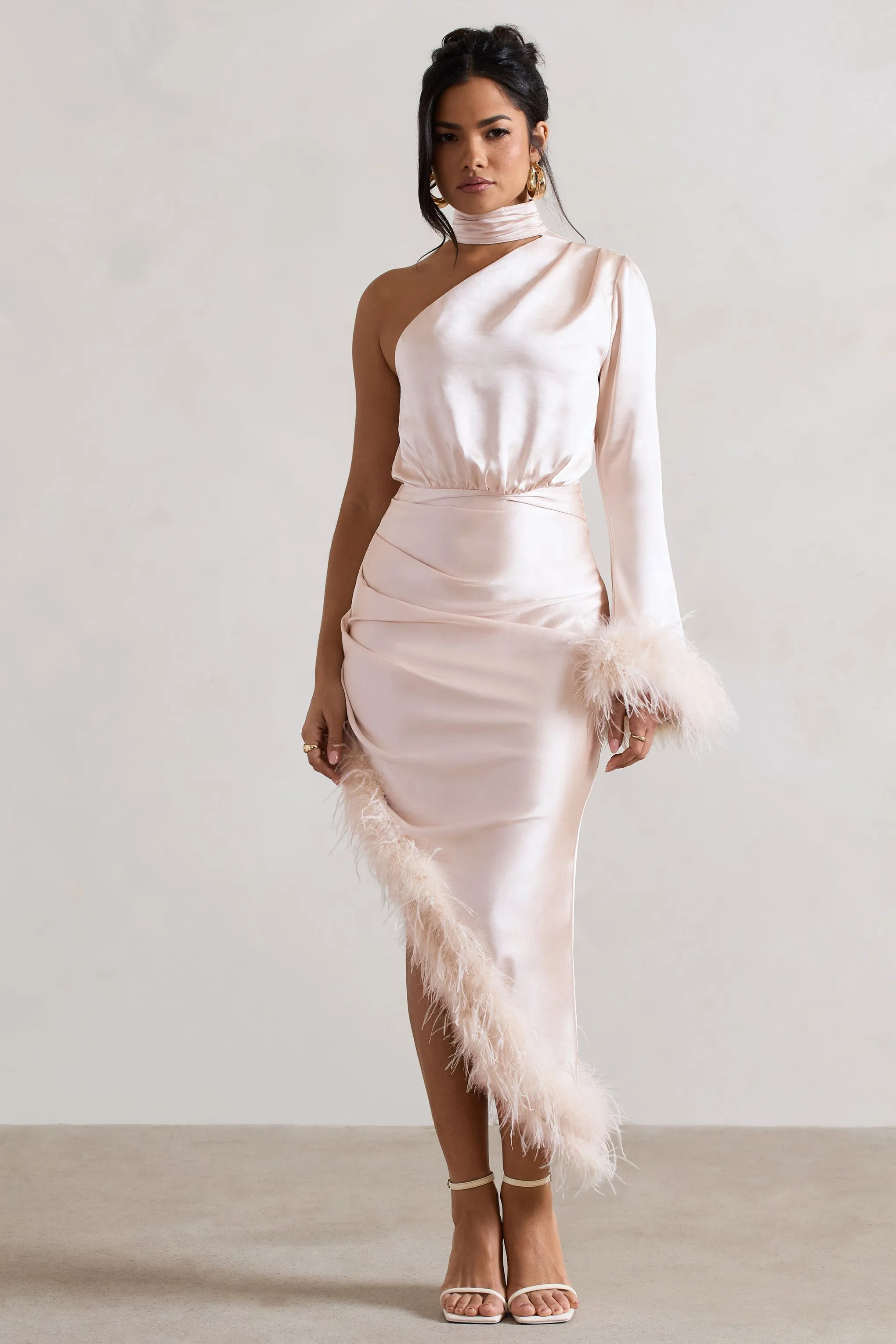 Dolce | Champagne Satin Asymmetric One Sleeve Maxi Dress With Feather Trims sold by Club L London product image thumbnail 4