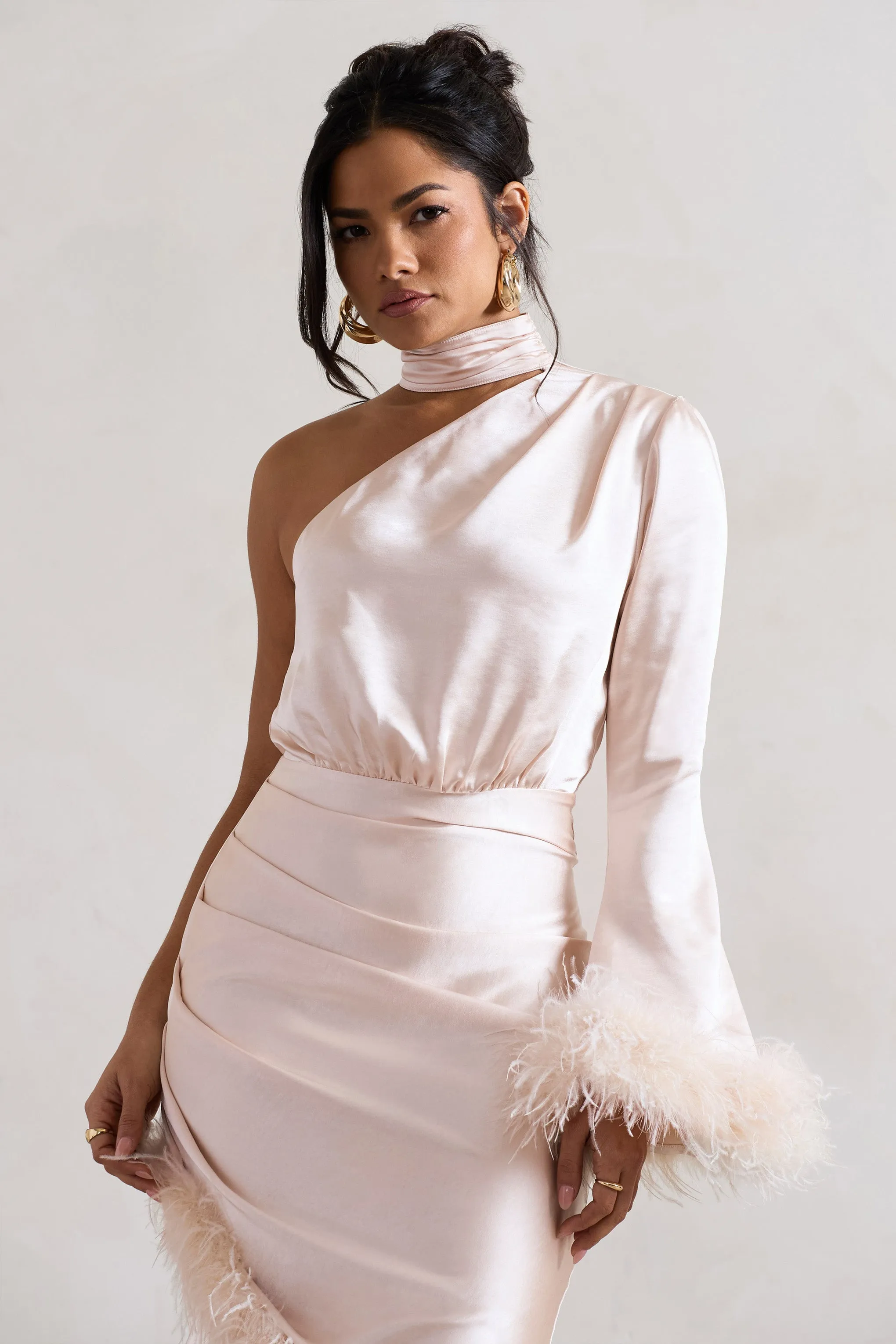 Dolce | Champagne Satin Asymmetric One Sleeve Maxi Dress With Feather Trims sold by Club L London product image thumbnail 3
