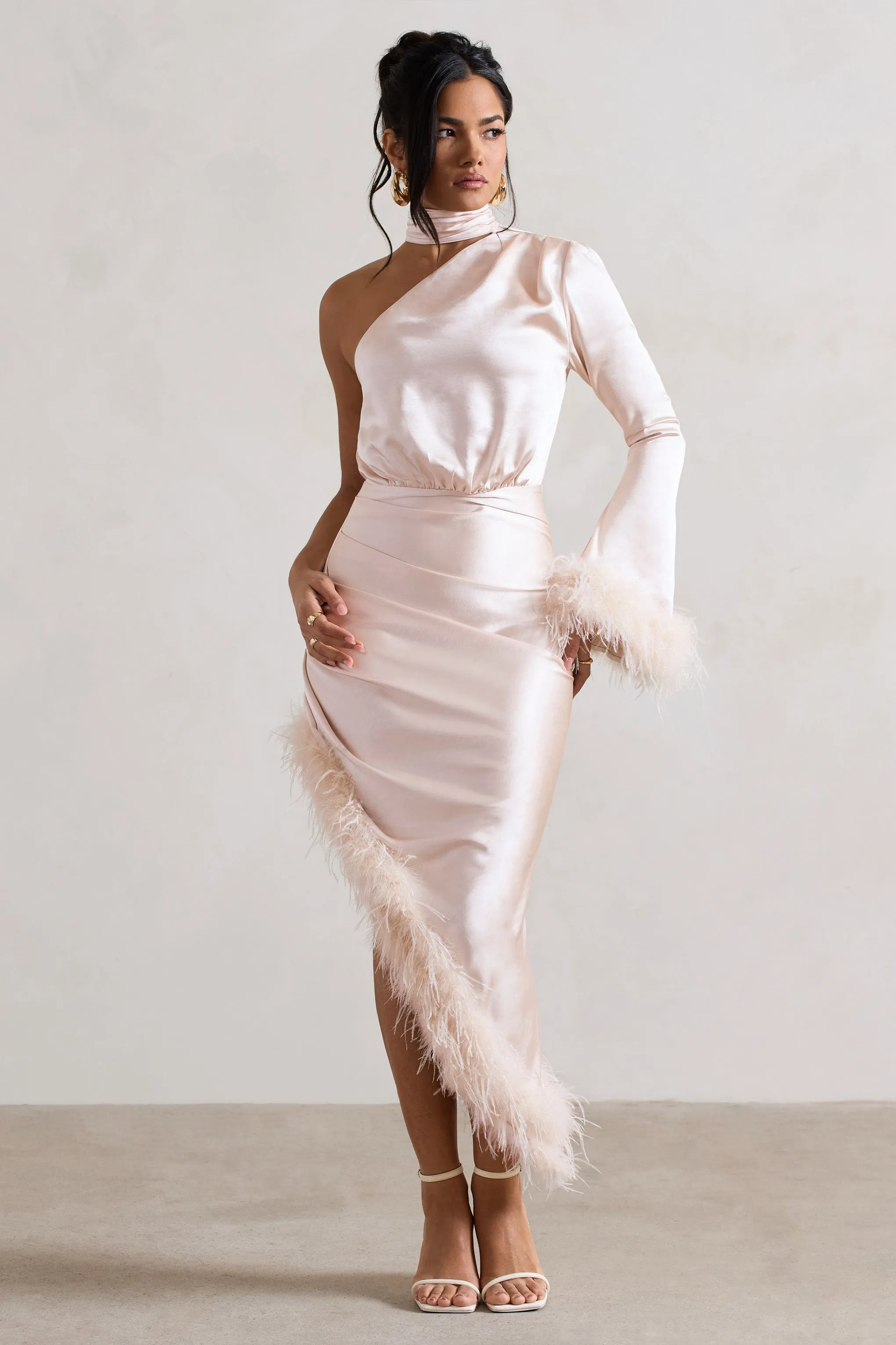 Dolce | Champagne Satin Asymmetric One Sleeve Maxi Dress With Feather Trims sold by Club L London product image thumbnail 5