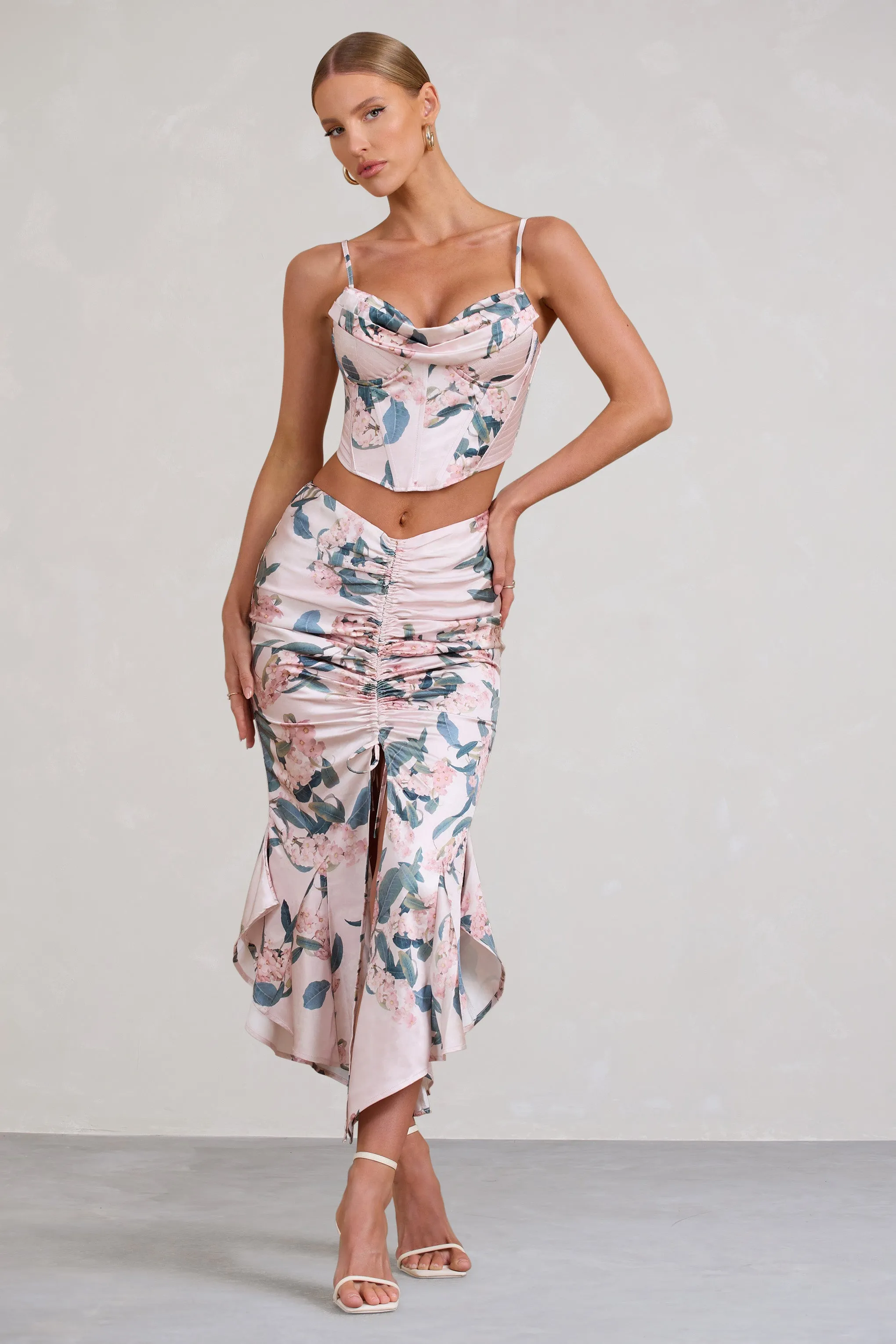 Per Favore | Pink Satin Ruched Split Maxi Skirt sold by Club L London