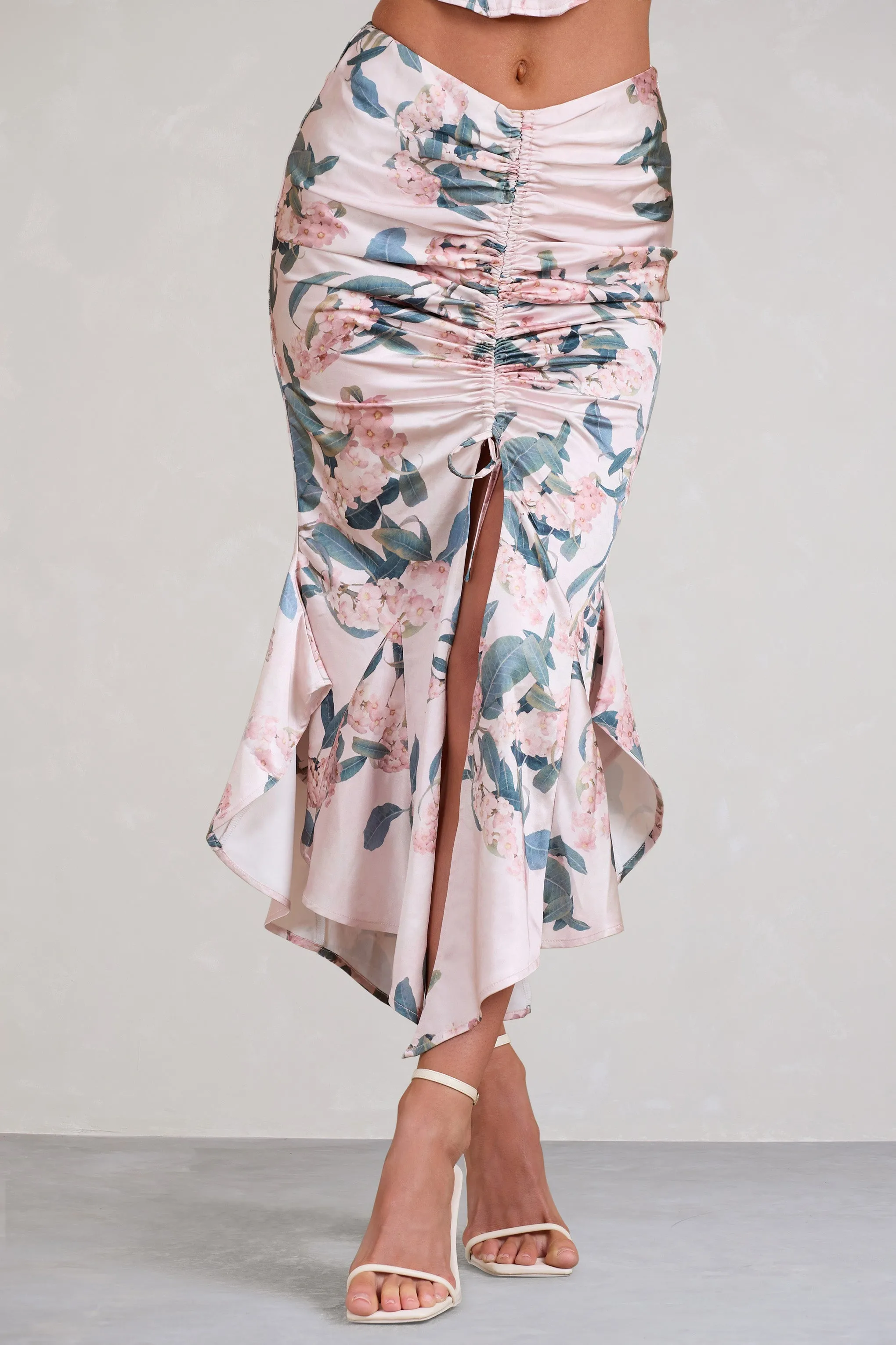 Per Favore | Pink Satin Ruched Split Maxi Skirt sold by Club L London product image thumbnail 3