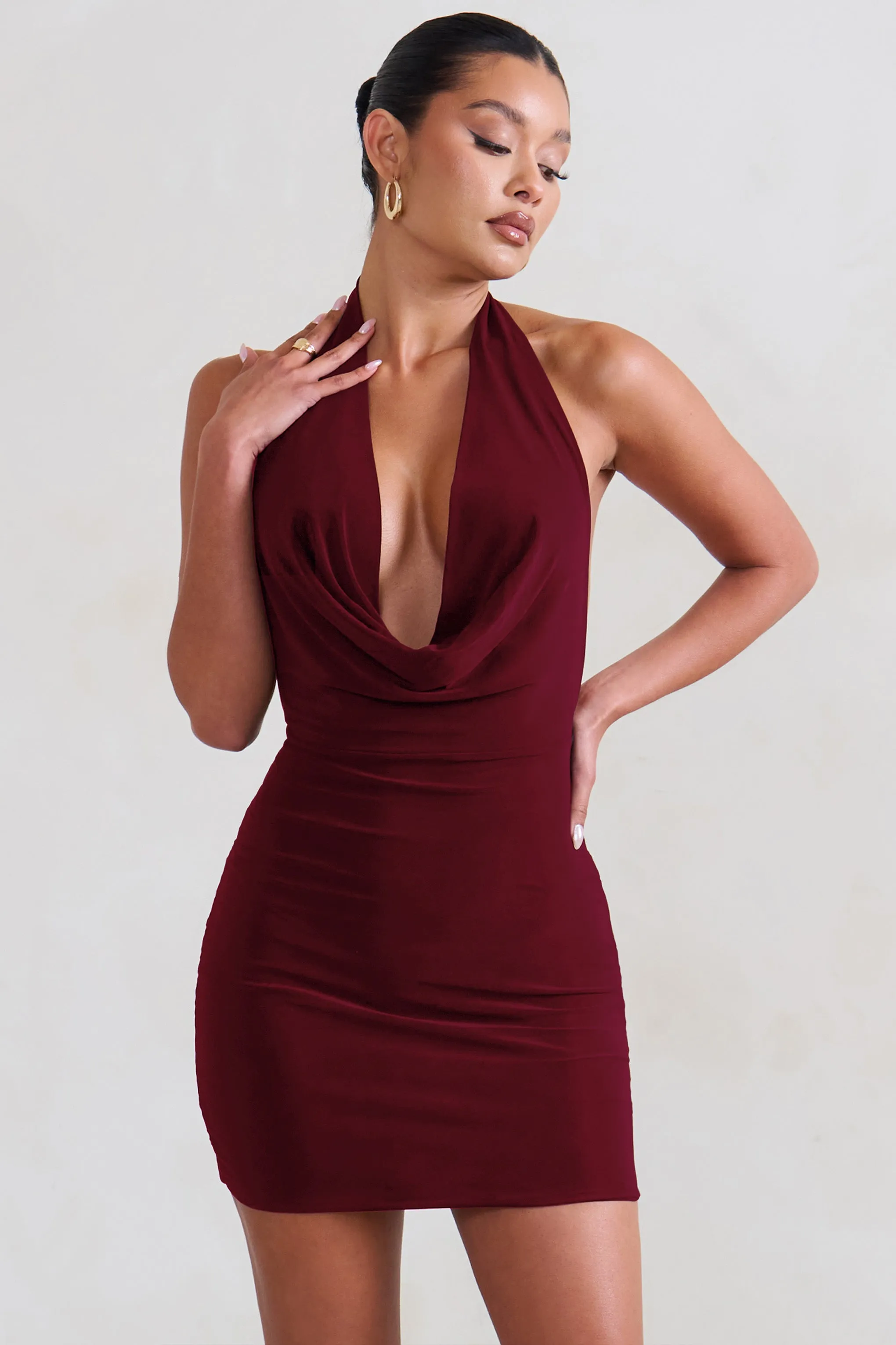 Liliana | Burgundy Cowl Neck Mini Dress sold by Club L London