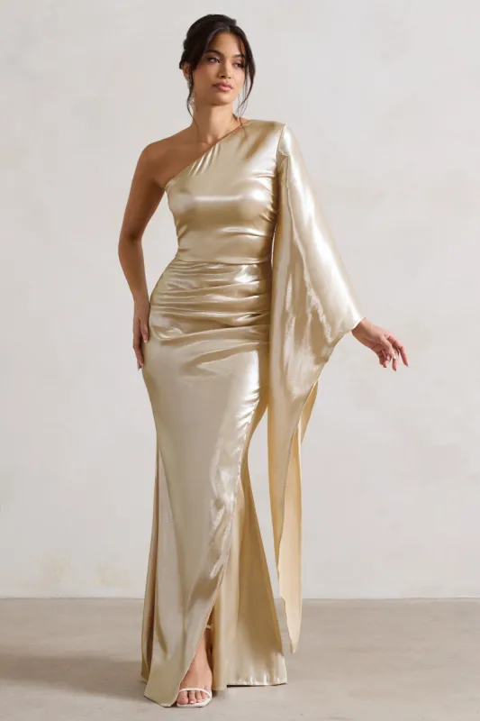 Bex | Champagne One Shoulder Cape Maxi Dress with Ruched Waist and Thigh Split sold by Club L London