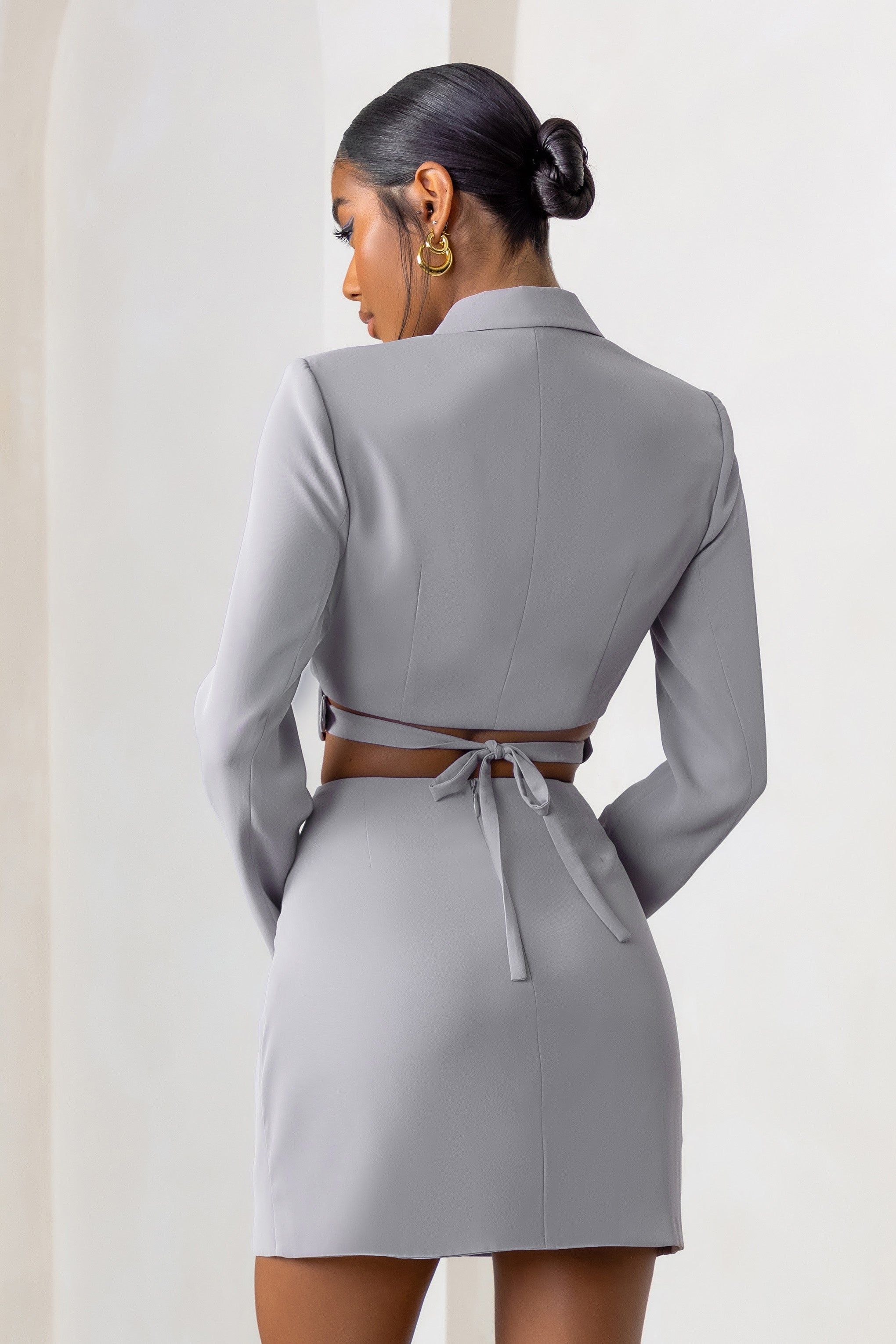 Privilege | Dove Grey Plunge Neck Belt Detail Crop Blazer sold by Club L London product image thumbnail 3