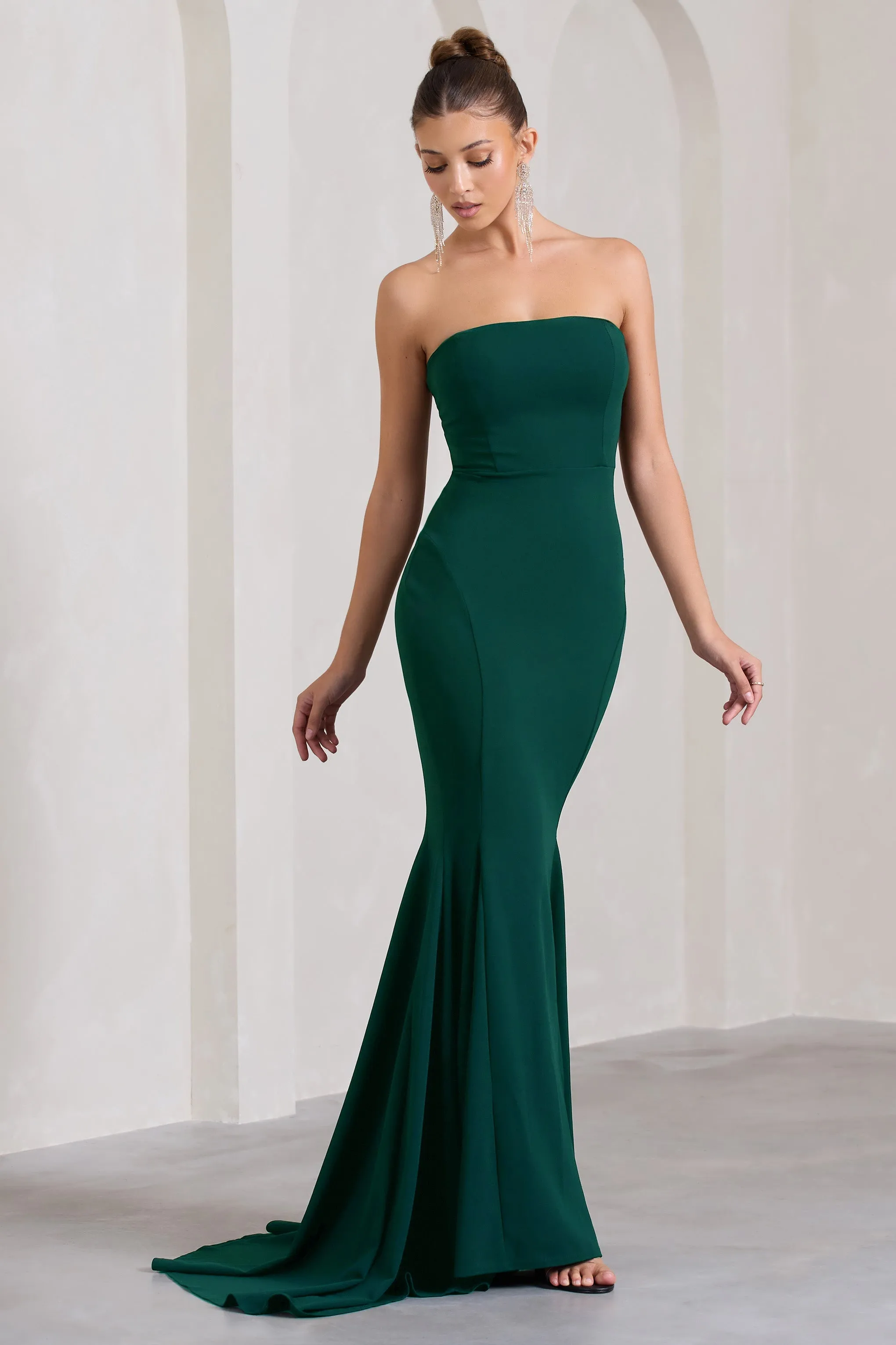Impress Me | Bottle Green Strapless Bandeau Fishtail Maxi Dress sold by Club L London