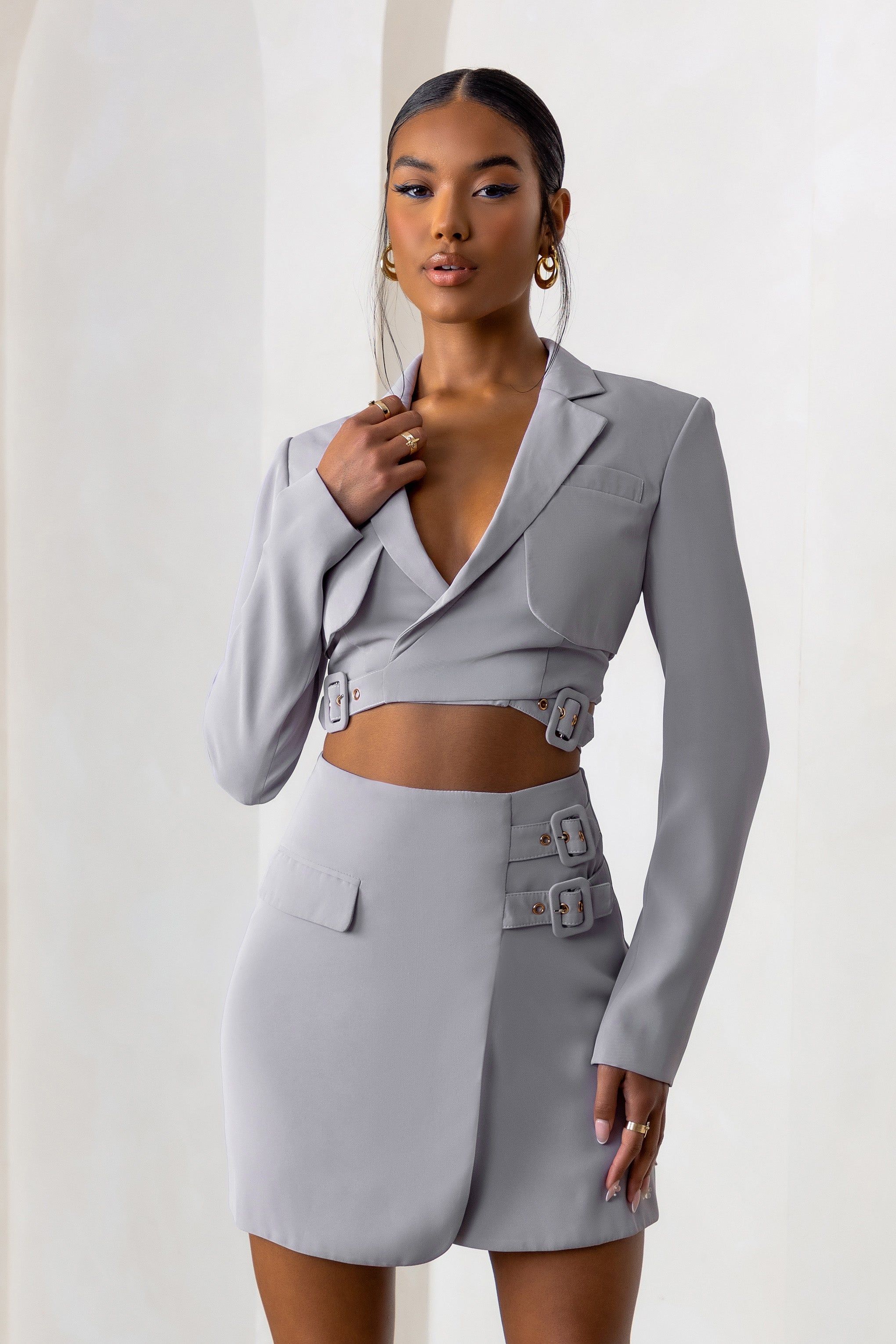 Privilege | Dove Grey Plunge Neck Belt Detail Crop Blazer sold by Club L London product image thumbnail 4
