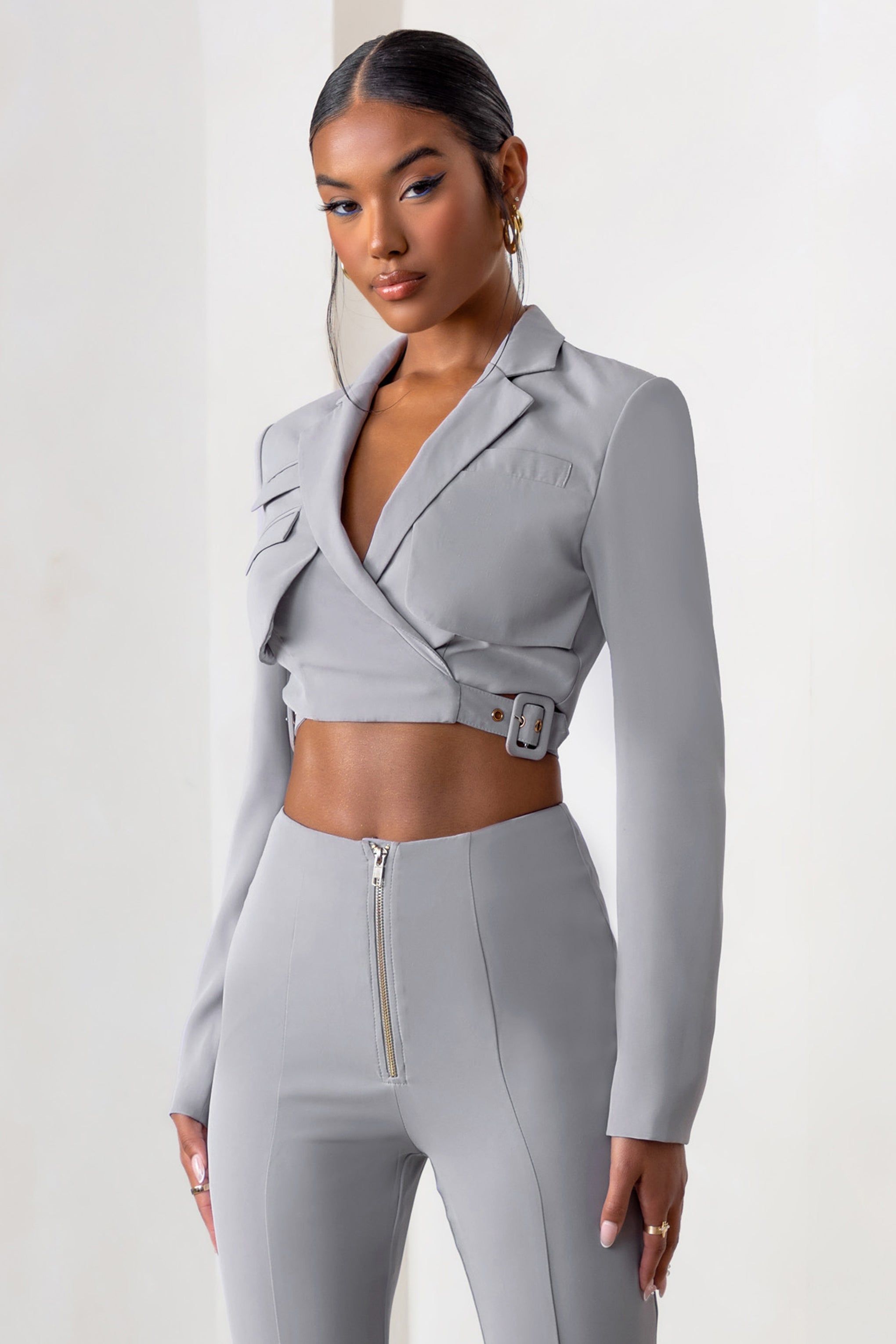 Privilege | Dove Grey Plunge Neck Belt Detail Crop Blazer sold by Club L London