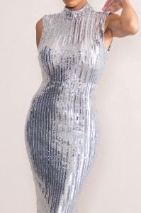 Jewel | Silver Sequin High Neck Maxi Dress With Open Back Detail sold by Club L London