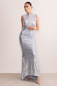 Jewel | Silver Sequin High Neck Maxi Dress With Open Back Detail sold by Club L London