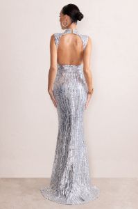 Jewel | Silver Sequin High Neck Maxi Dress With Open Back Detail sold by Club L London