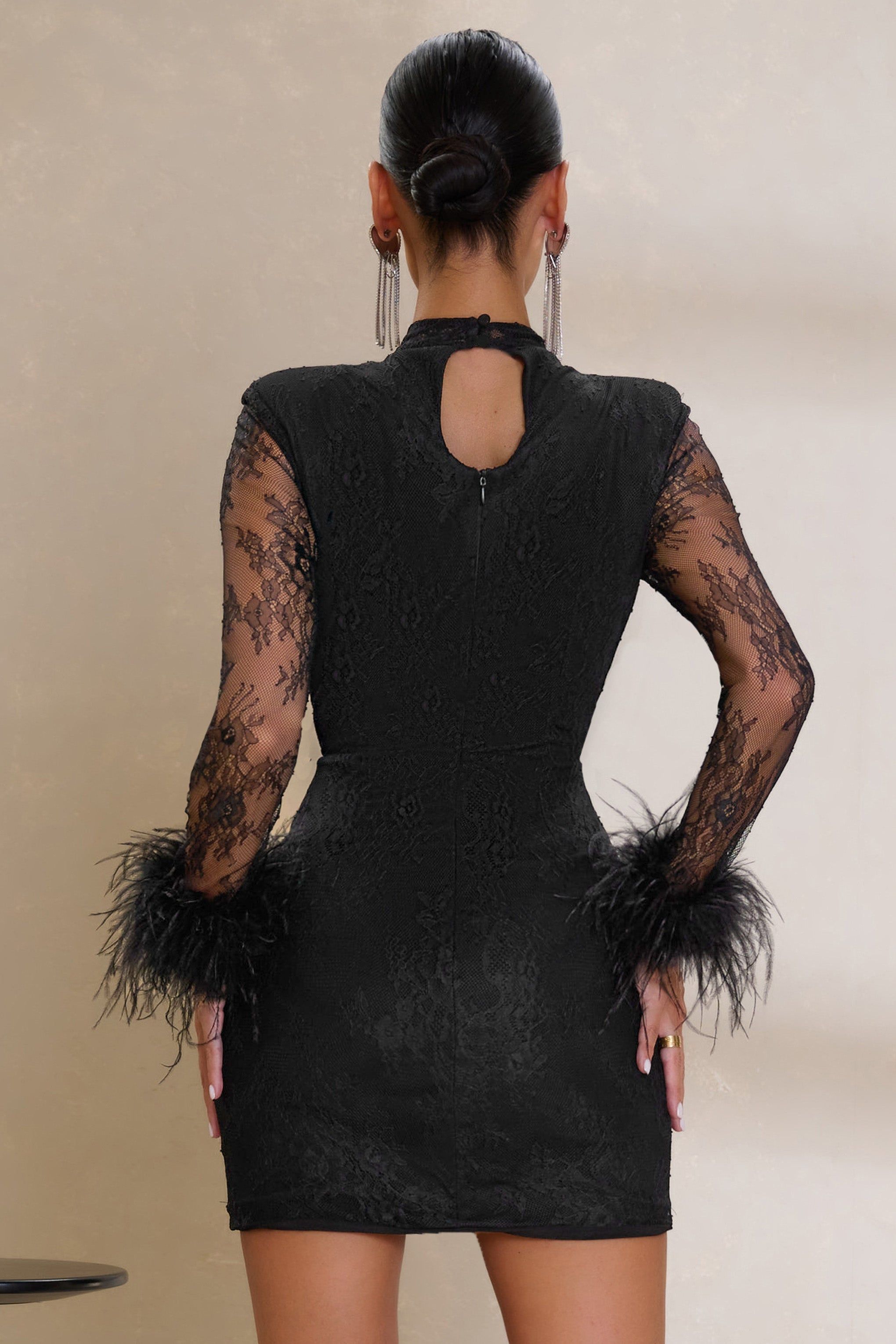 Enamored | Black Lace Mini Dress With Keyhole And Feather Trim Cuff sold by Club L London product image thumbnail 2