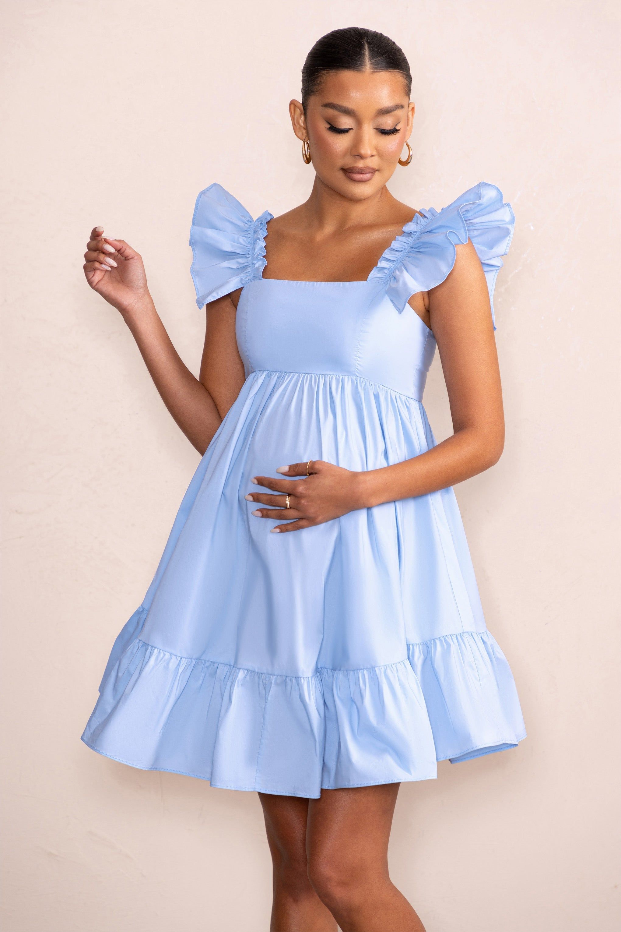 Dolly Daze | Powder Blue Ruffle Sleeve Babydoll Maternity Mini Dress sold by Club L London product image thumbnail 4