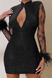 Enamored | Black Lace Mini Dress With Keyhole And Feather Trim Cuff sold by Club L London