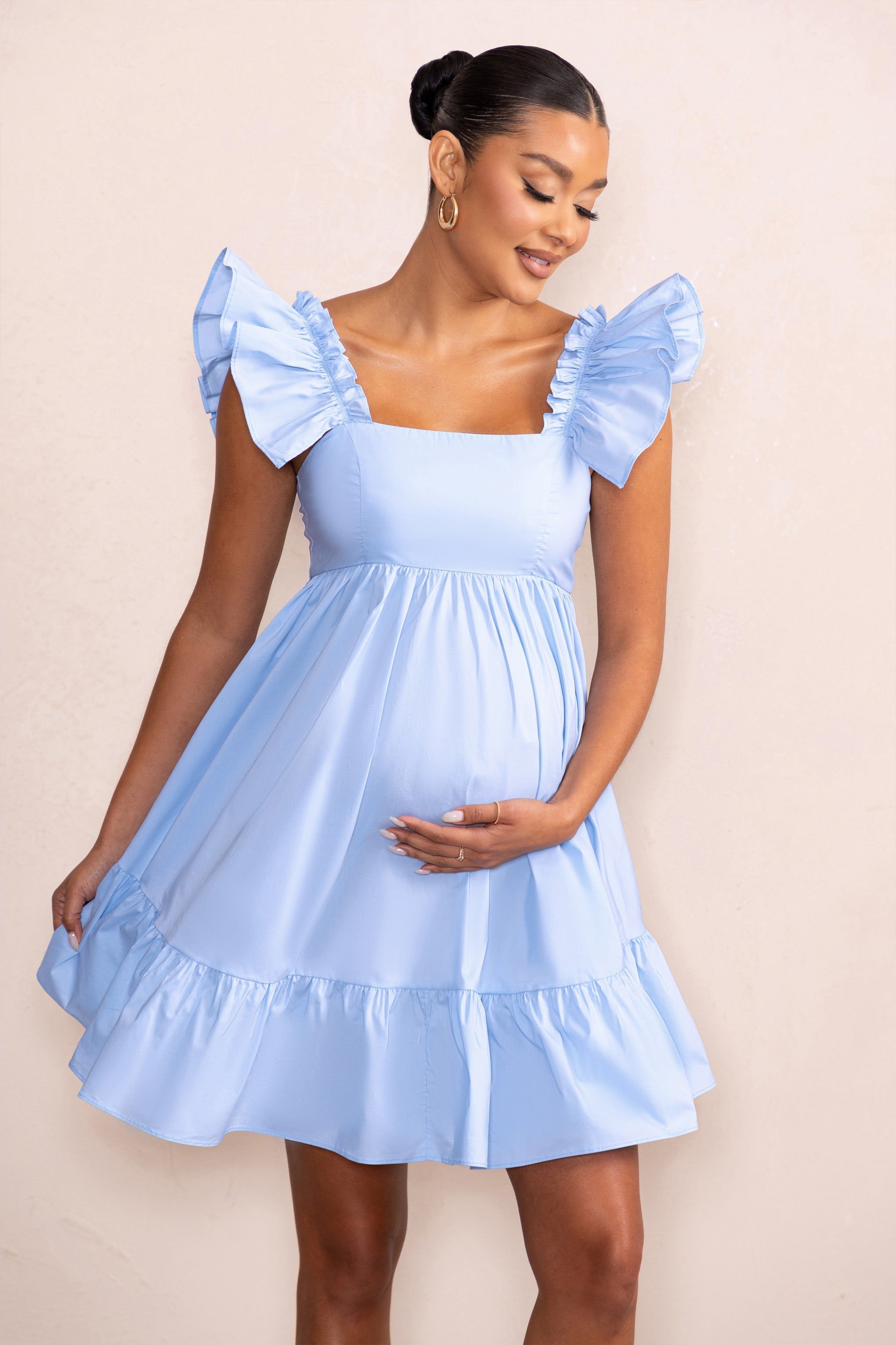 Dolly Daze | Powder Blue Ruffle Sleeve Babydoll Maternity Mini Dress sold by Club L London product image thumbnail 5