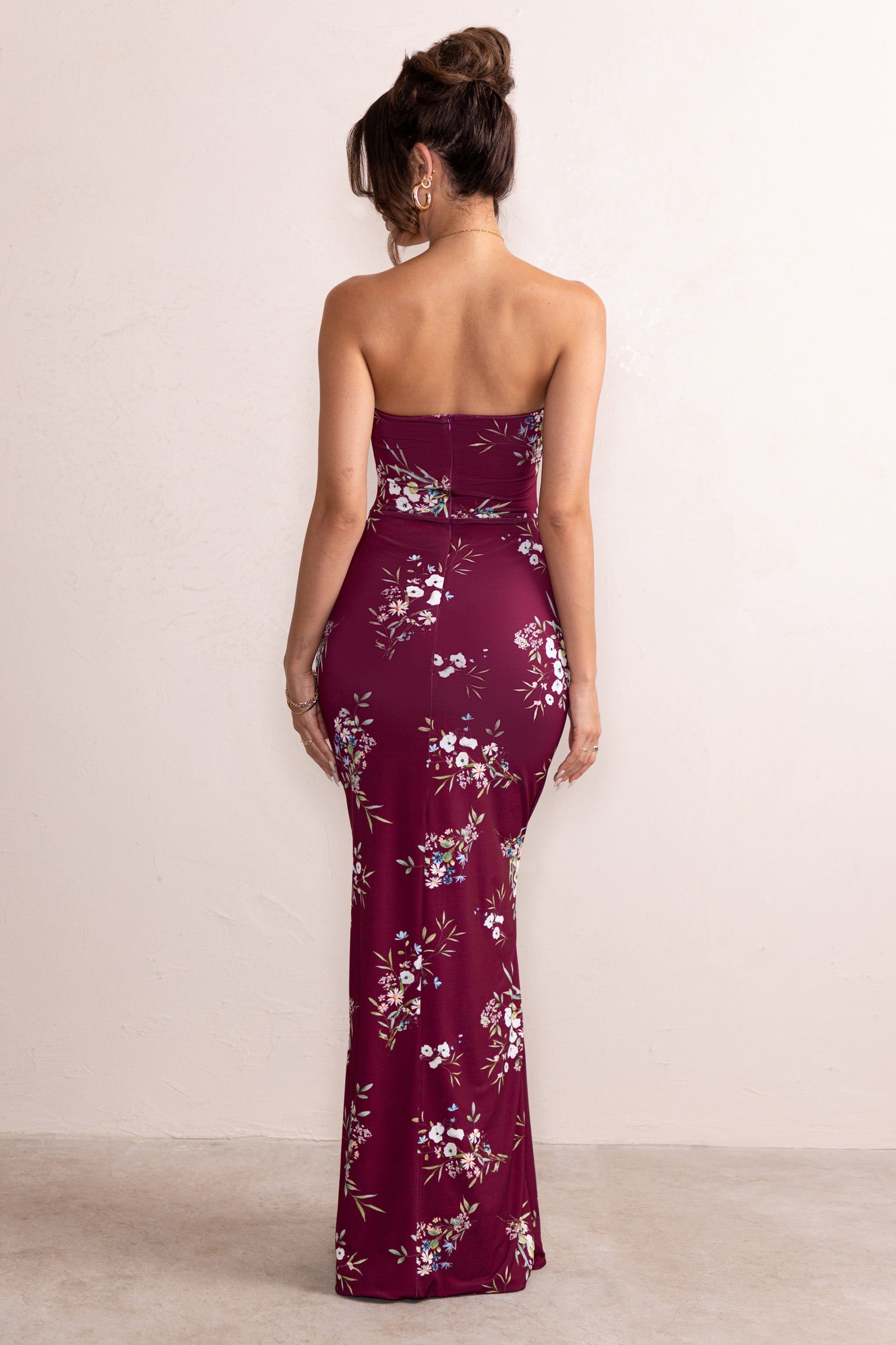 Camila | Burgundy Floral Print Strapless Maxi Dress With Thigh Split sold by Club L London product image thumbnail 2