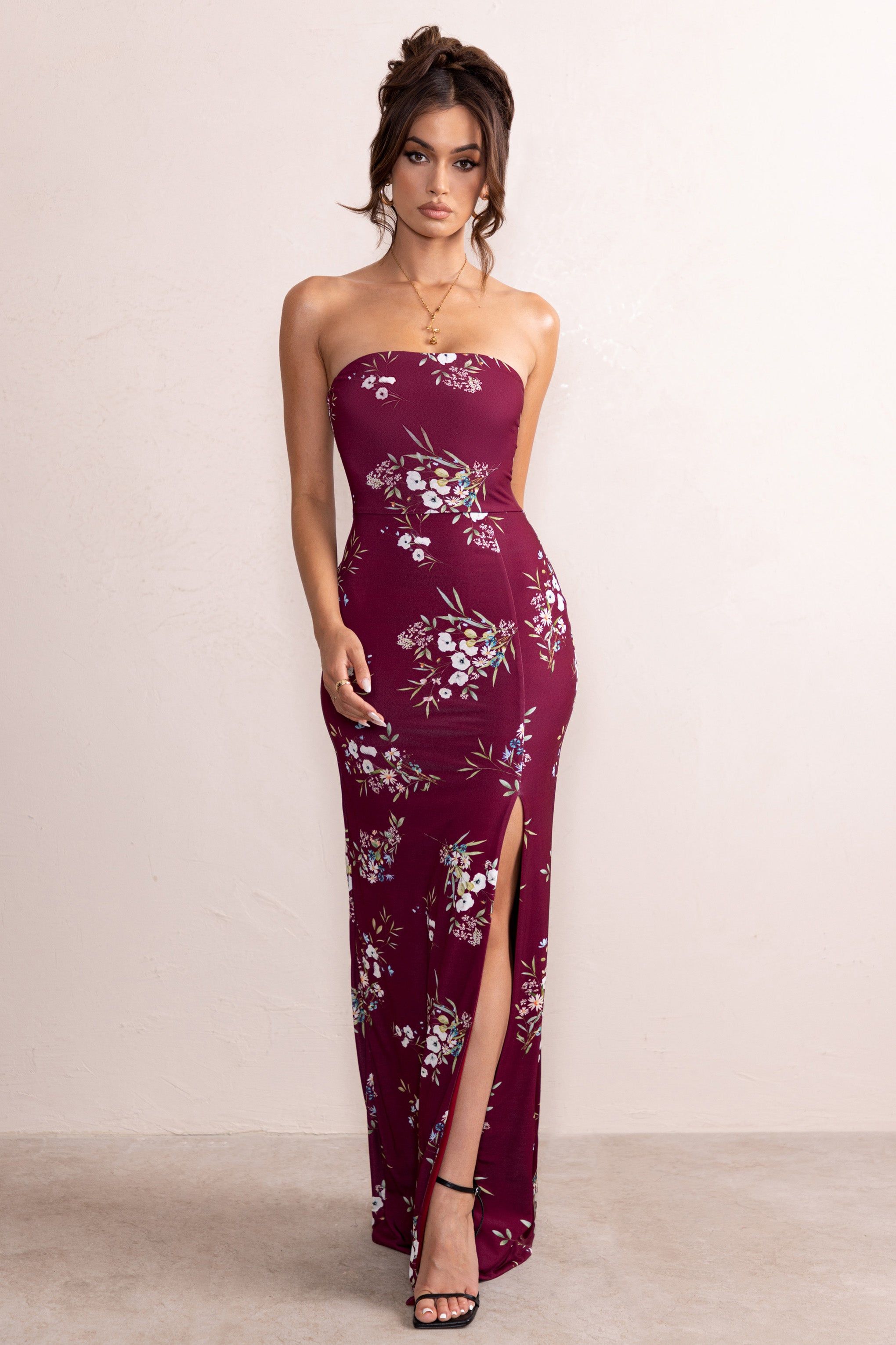 Camila | Burgundy Floral Print Strapless Maxi Dress With Thigh Split sold by Club L London