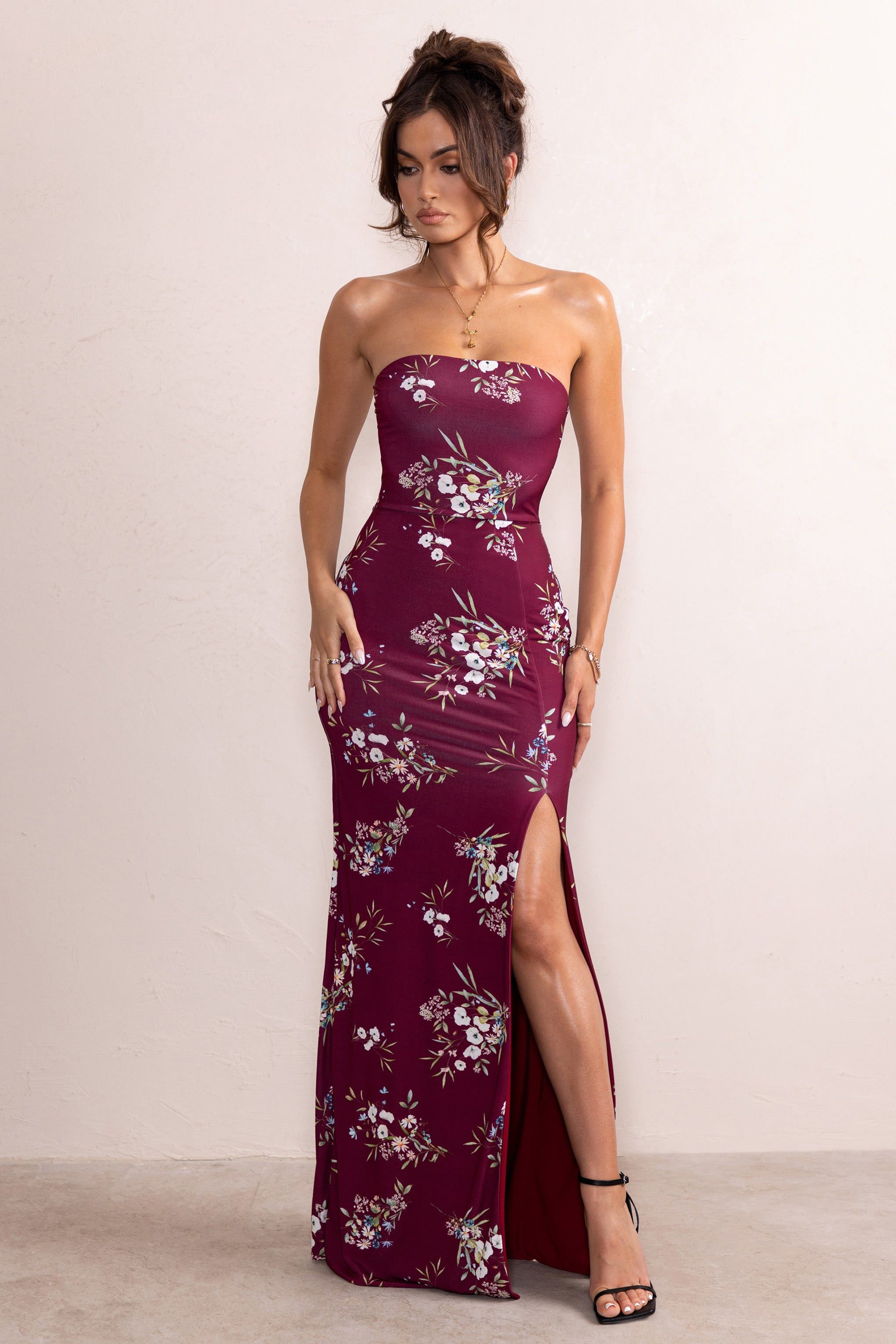 Camila | Burgundy Floral Print Strapless Maxi Dress With Thigh Split sold by Club L London product image thumbnail 4