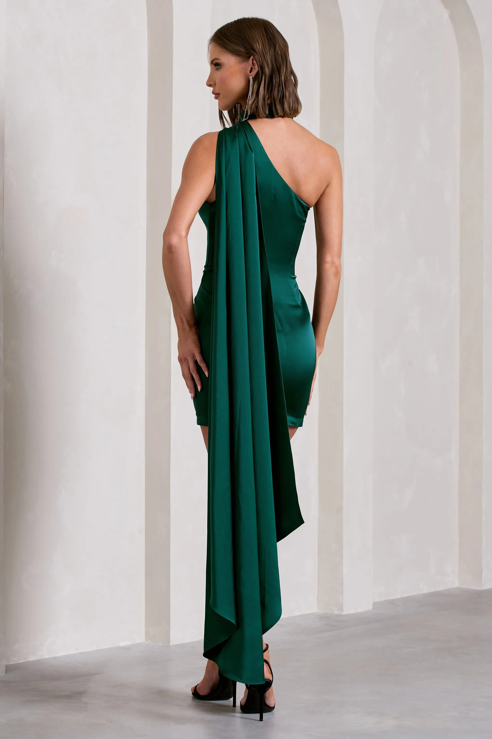 Natalie | Bottle Green Satin One Shoulder Mini Dress With Scarf Detail sold by Club L London product image thumbnail 2