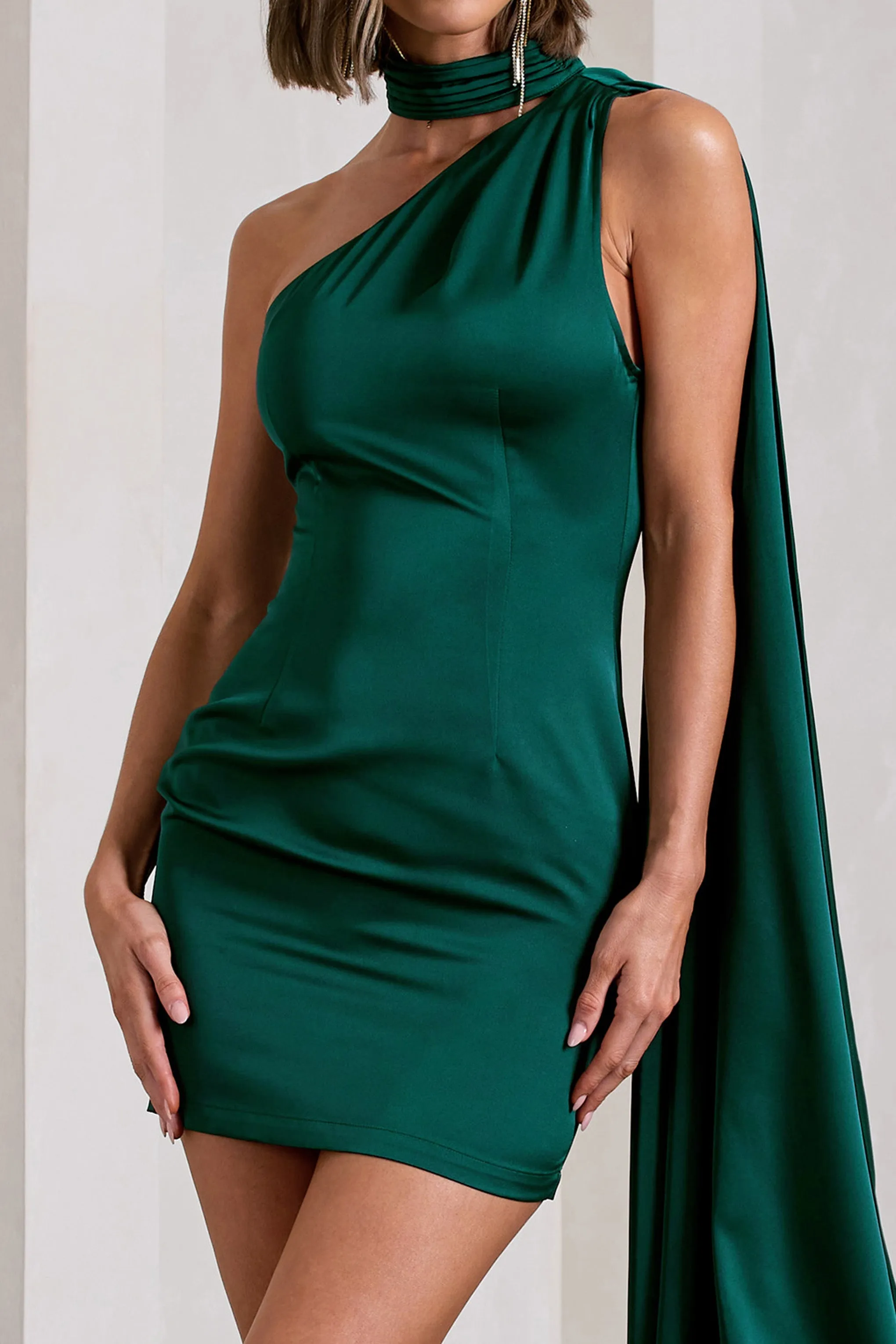 Natalie | Bottle Green Satin One Shoulder Mini Dress With Scarf Detail sold by Club L London product image thumbnail 5