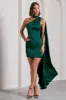Natalie | Bottle Green Satin One Shoulder Mini Dress With Scarf Detail sold by Club L London