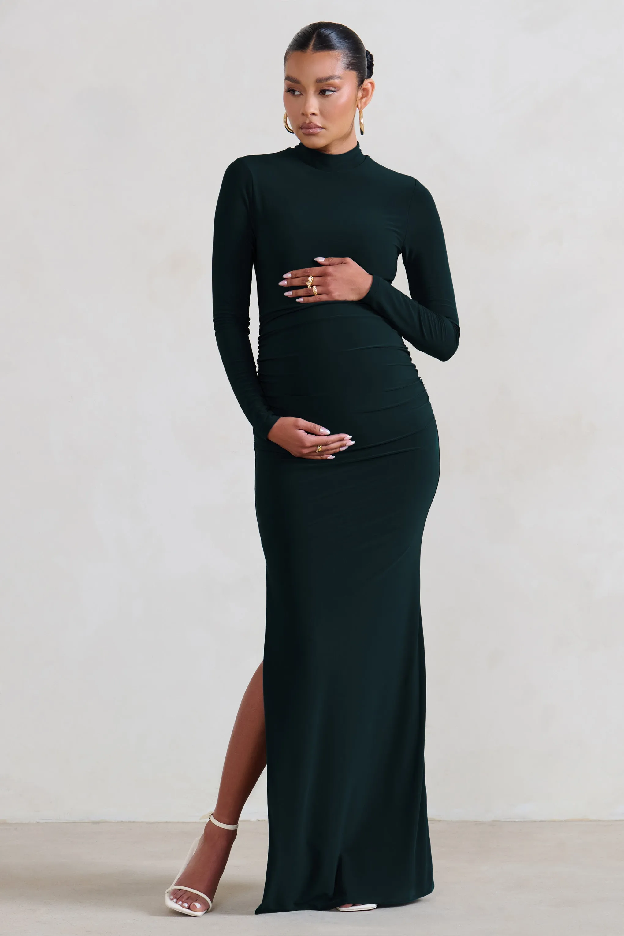 Alejandra | Black Maternity Long Sleeve High Neck Maxi Dress sold by Club L London