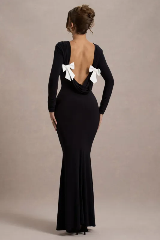 Rosalee | Black Long-Sleeve Cowl-Back Fishtail Maxi Dress With Bows sold by Club L London
