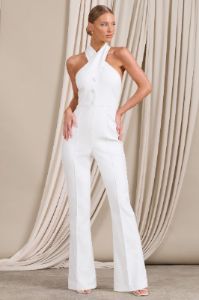 Don't Cross Me | White Halter Neck Tailored Buttoned Sleeveless Jumpsuit sold by Club L London