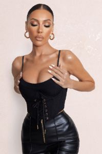 Twilight | Black Scoop Neck Lace Up Corset Crop Top sold by Club L London