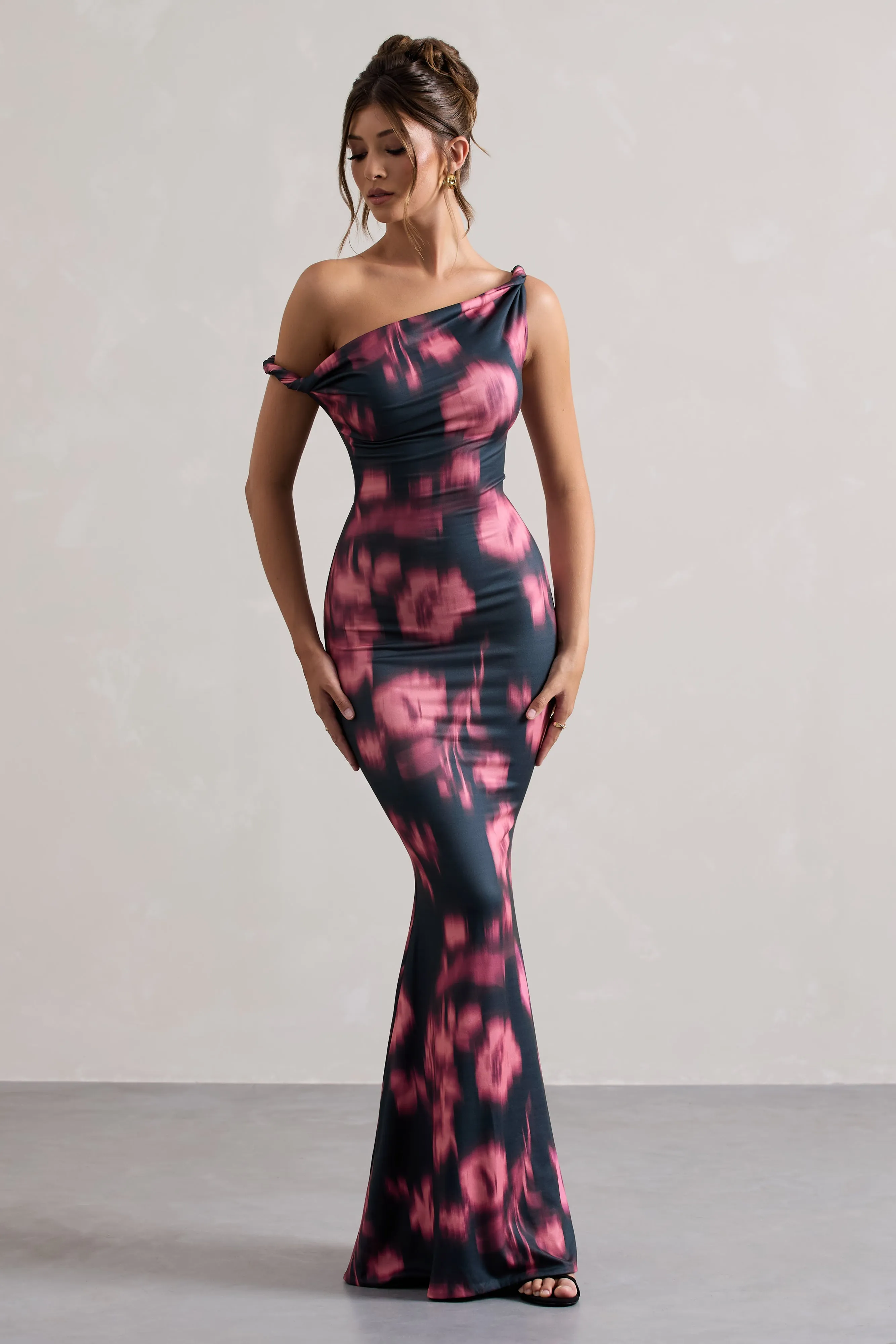 Lita | Pink Abstract Print Twisted Asymmetric Maxi Dress sold by Club L London