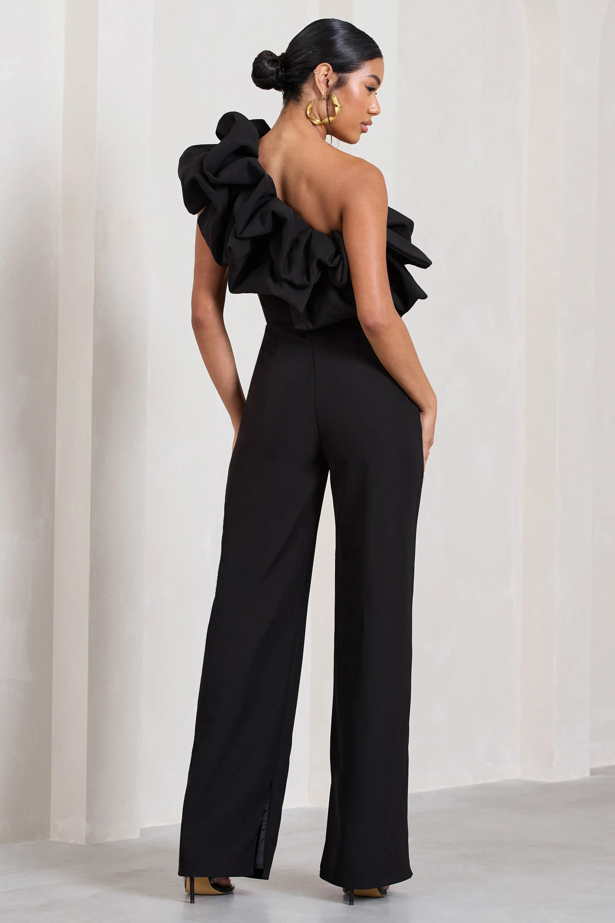 Monica | Black Asymmetric Ruffled Wide-Leg Jumpsuit sold by Club L London product image thumbnail 2