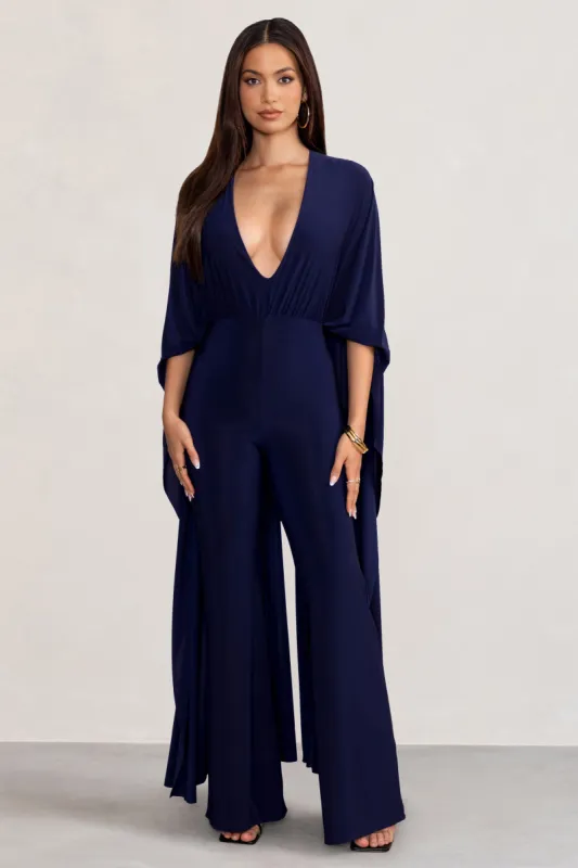 Anais | Navy Plunge Jumpsuit with Cape sold by Club L London