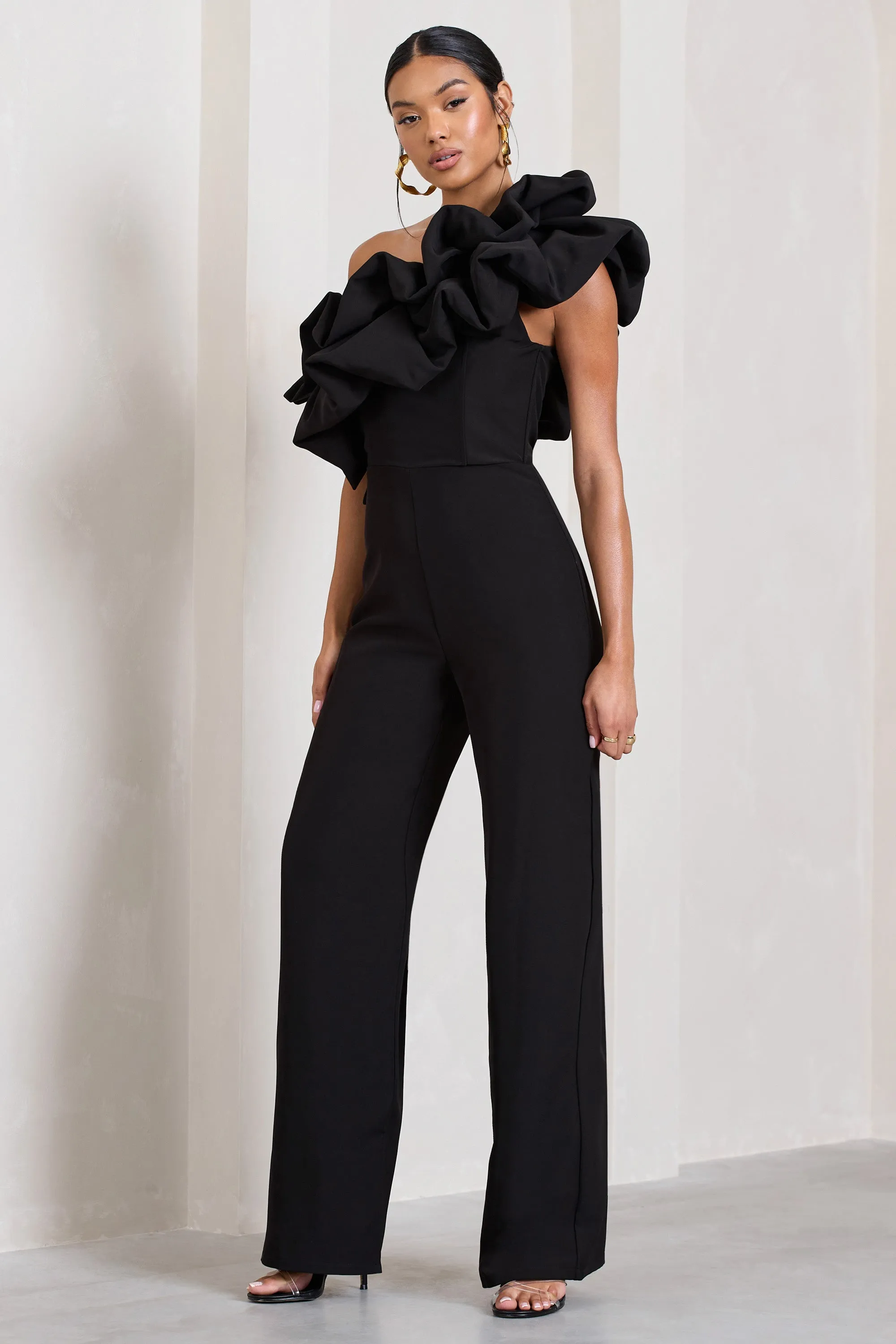 Monica | Black Asymmetric Ruffled Wide-Leg Jumpsuit sold by Club L London product image thumbnail 5