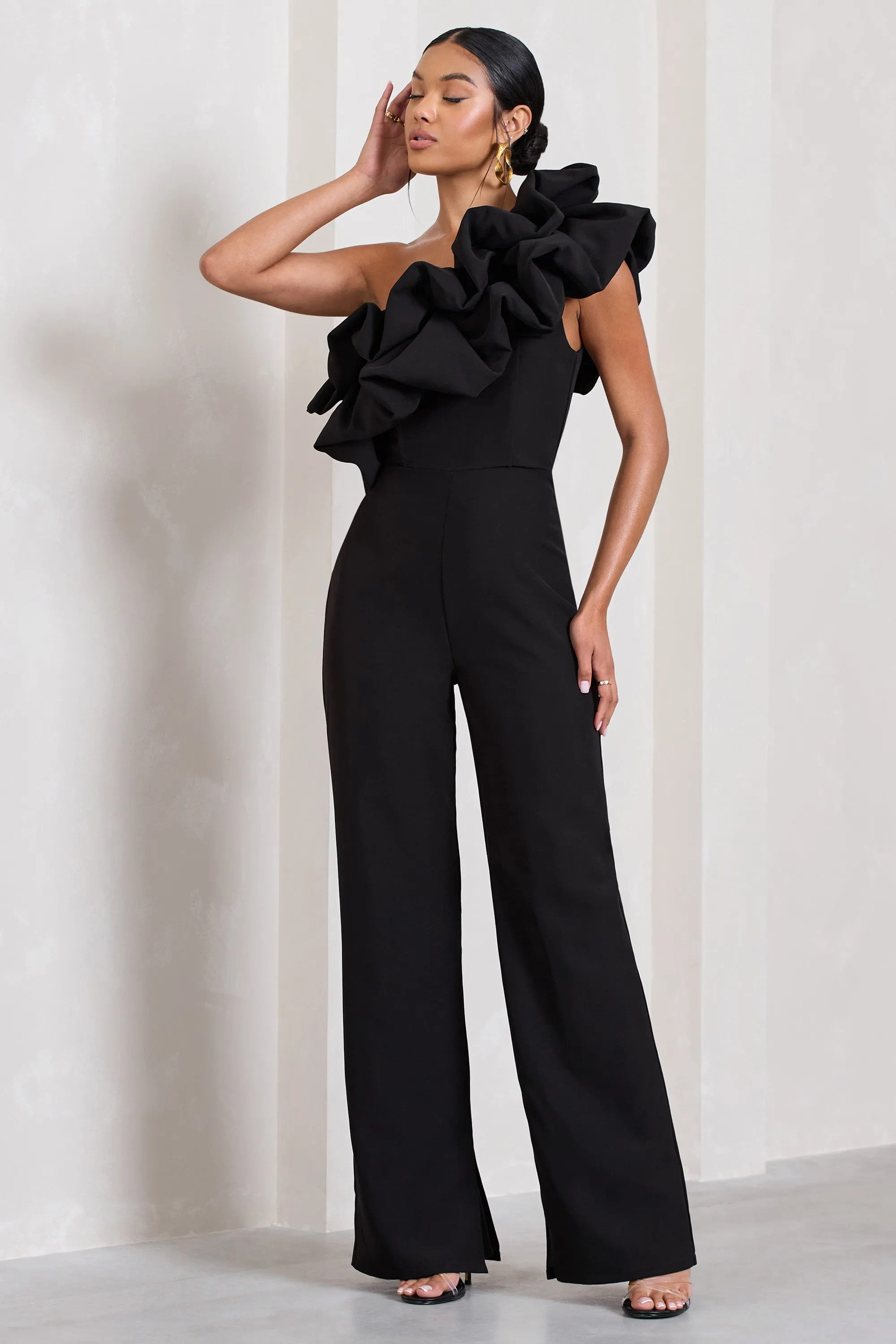 Monica | Black Asymmetric Ruffled Wide-Leg Jumpsuit sold by Club L London