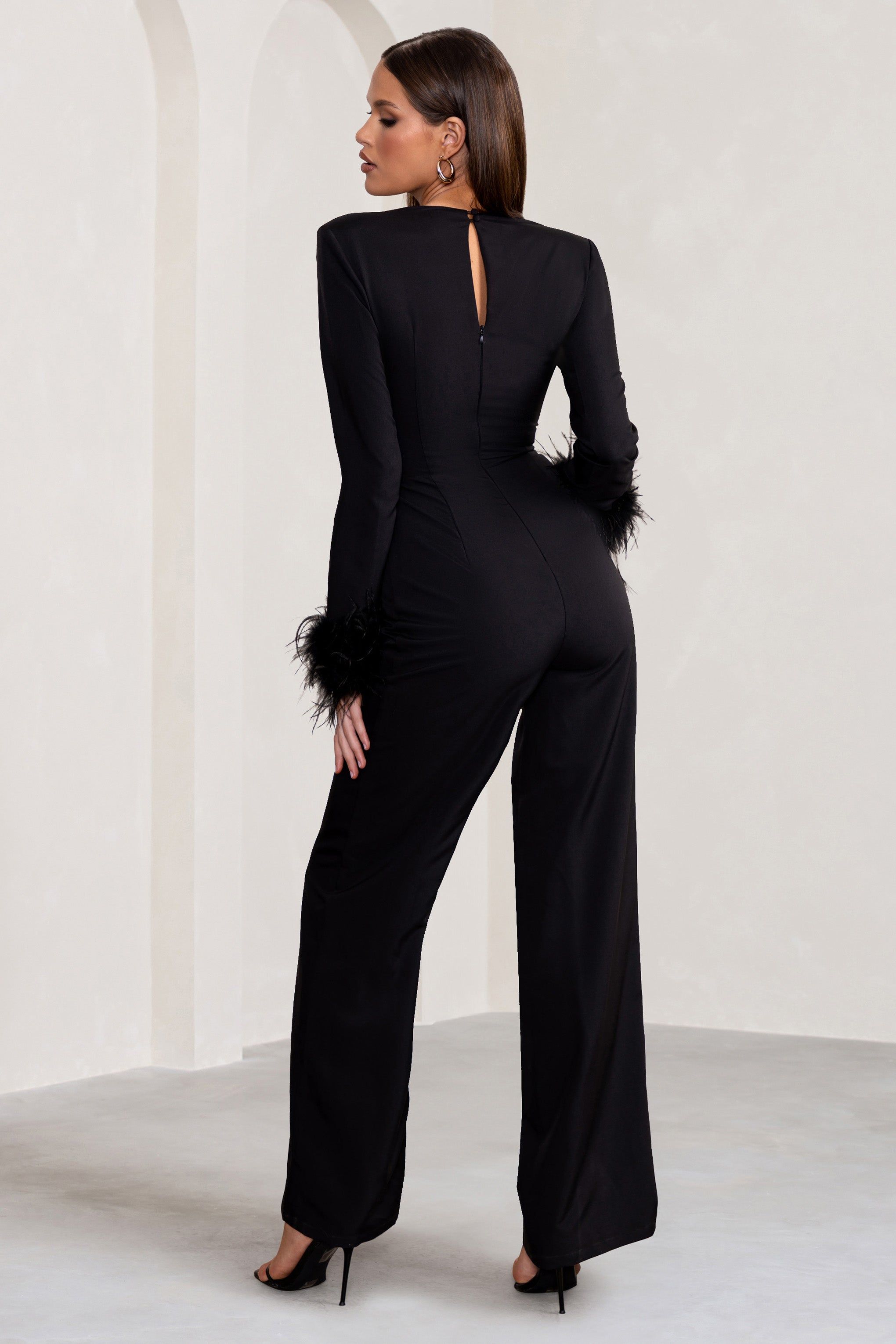 Portia | Black Sweetheart Plunge Wide Leg Jumpsuit with Feather Cuffs sold by Club L London product image thumbnail 2