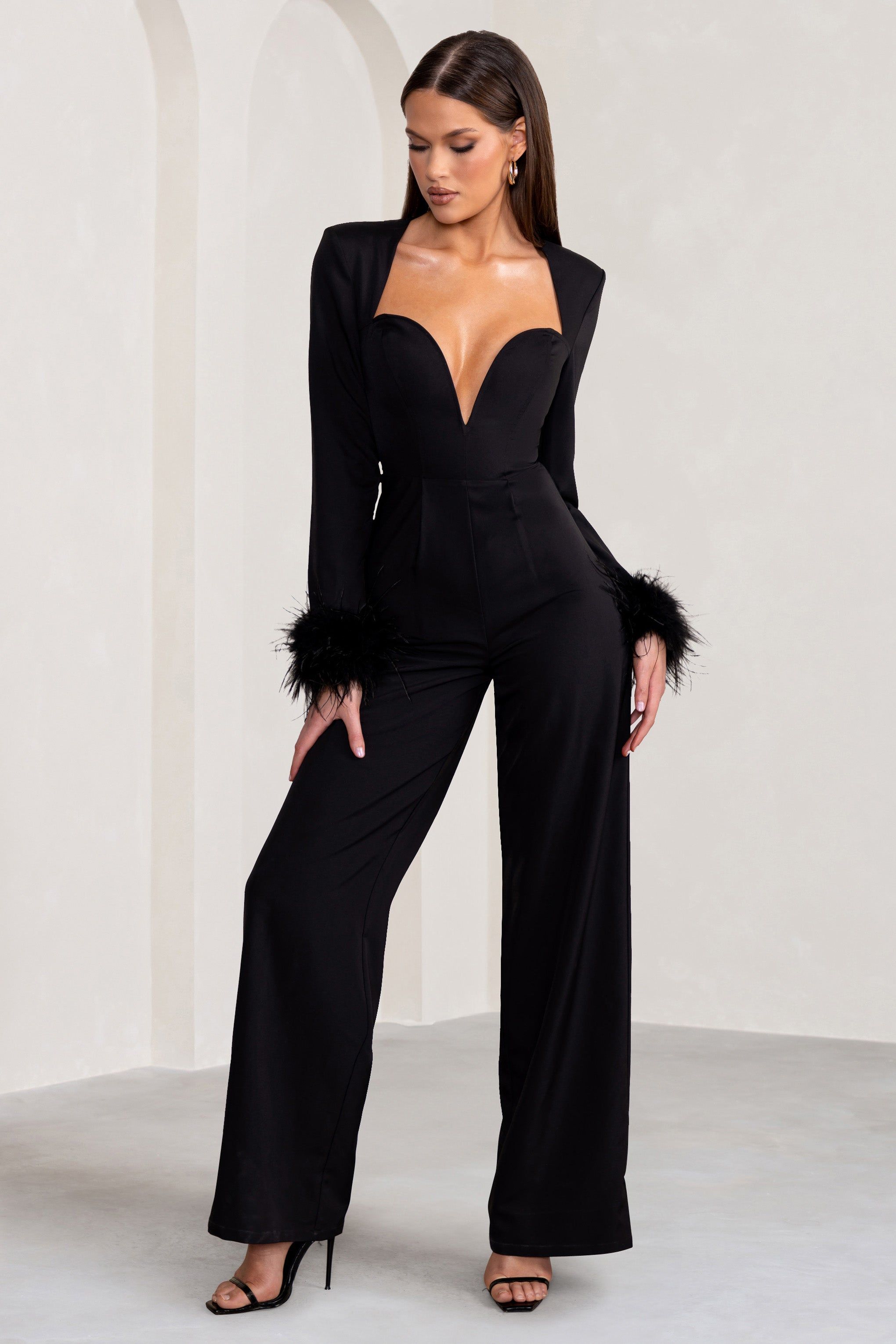 Portia | Black Sweetheart Plunge Wide Leg Jumpsuit with Feather Cuffs sold by Club L London product image thumbnail 5