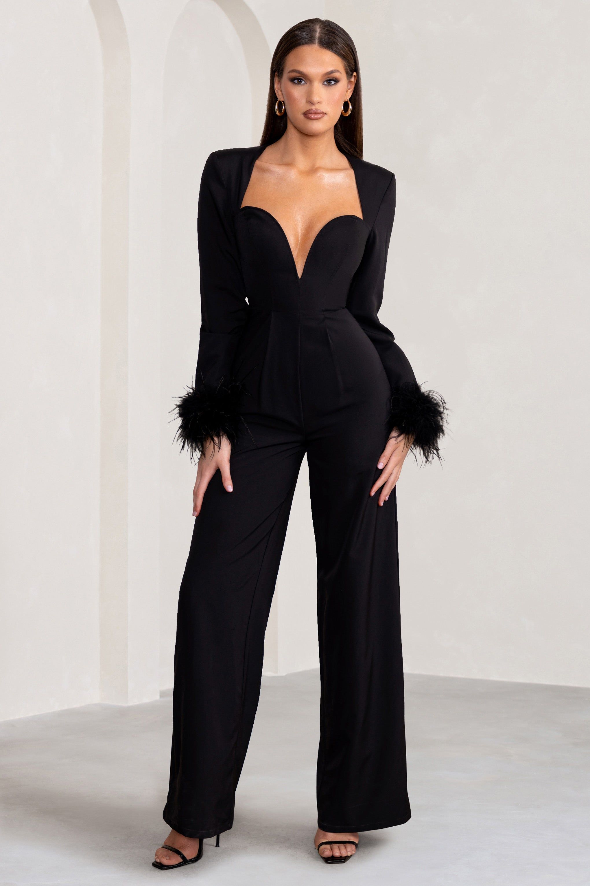 Portia | Black Sweetheart Plunge Wide Leg Jumpsuit with Feather Cuffs sold by Club L London product image thumbnail 4